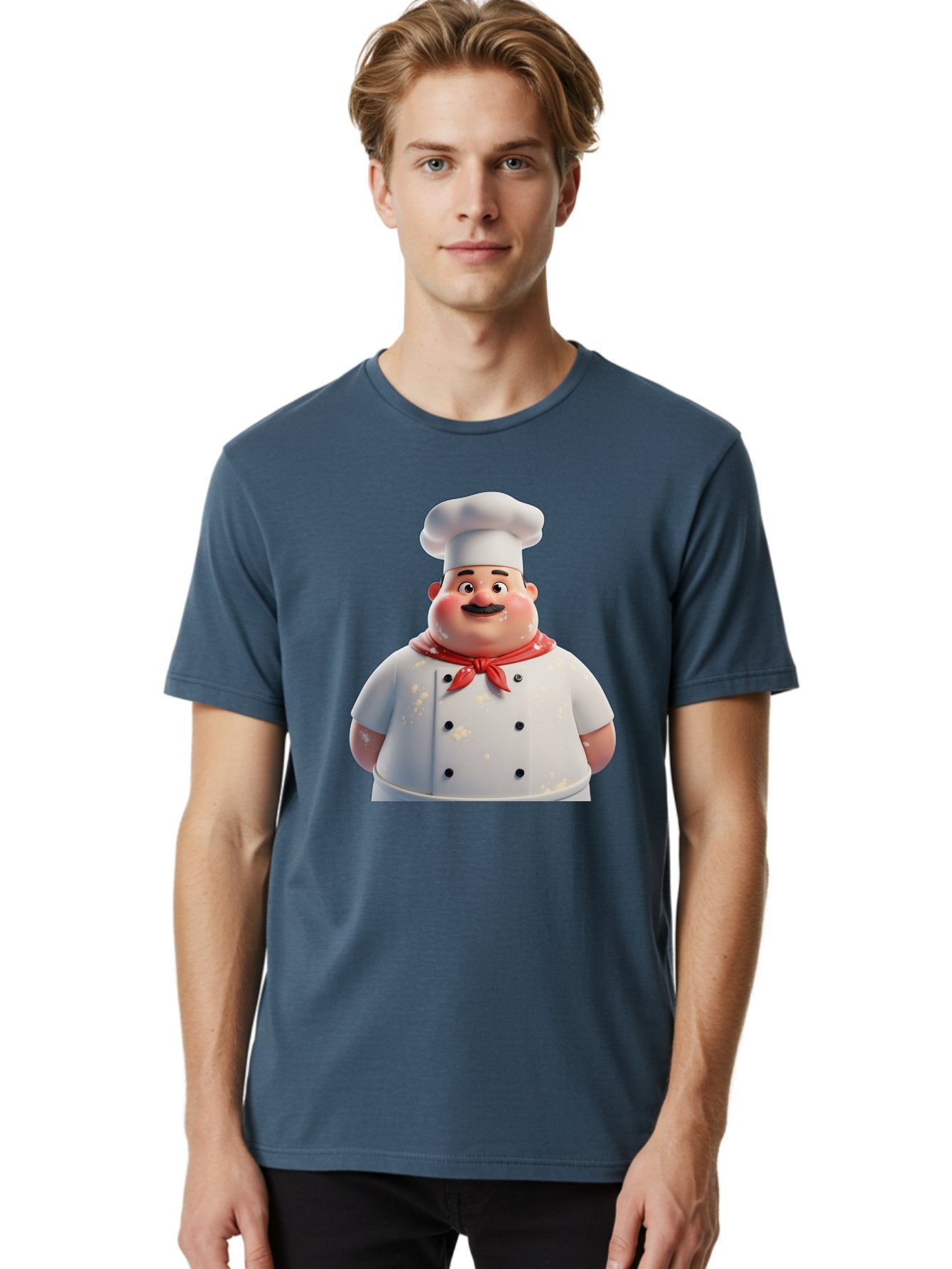 Chef-Character Men'S Graphic Tee, 100% Cotton, Comfortable Casual Summer Wear, Machine Washable, Cartoon Chef, White Chef Hat, Red Neckerchief, Mustache, Chef Coat, Cooking, Culinary Arts, Kitchen Staff, Food Preparation, 3D Character, Bac814 24