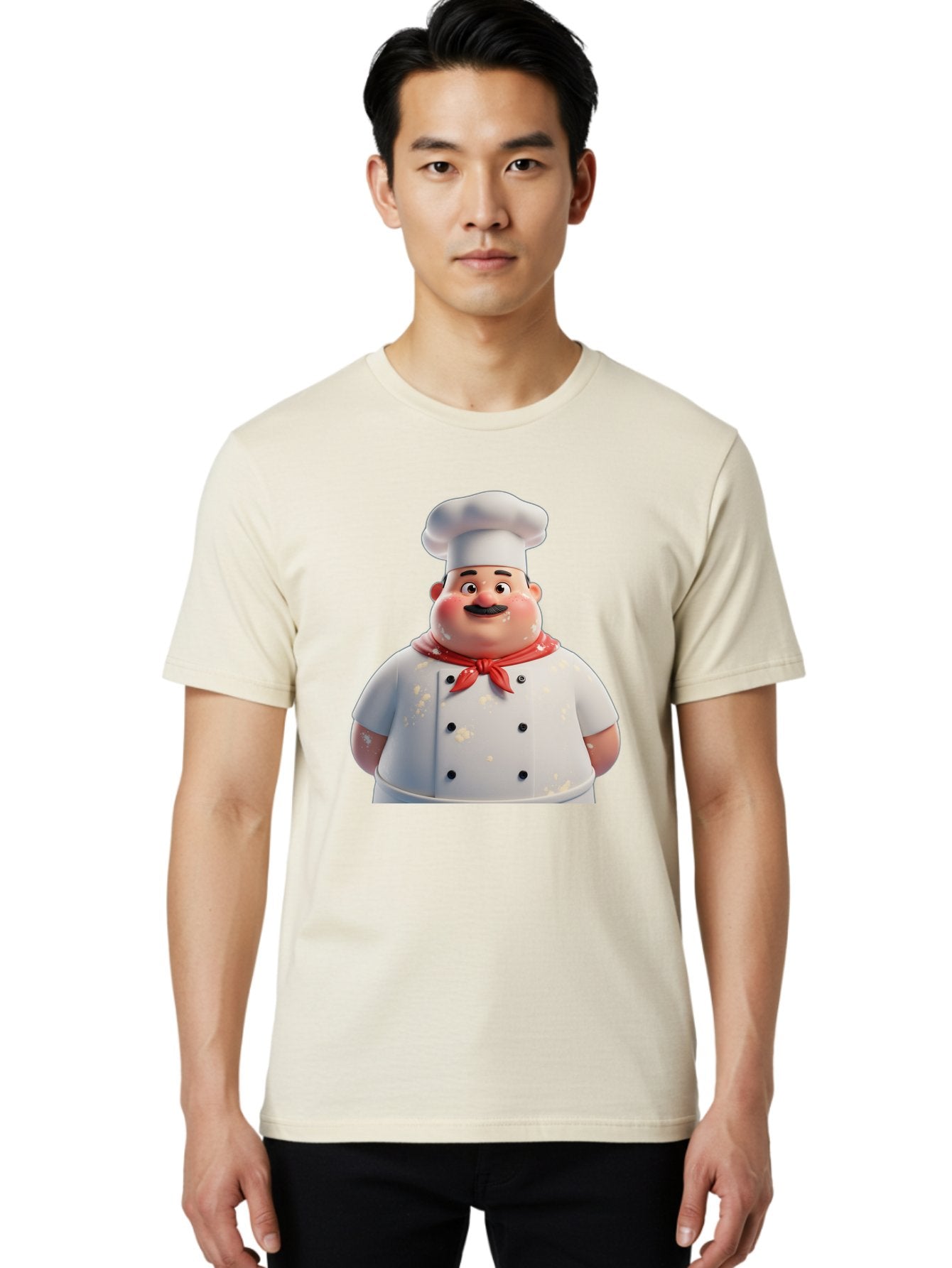 Chef-Character Men'S Graphic Tee, 100% Cotton, Comfortable Casual Summer Wear, Machine Washable, Cartoon Chef, White Chef Hat, Red Neckerchief, Mustache, Chef Coat, Cooking, Culinary Arts, Kitchen Staff, Food Preparation, 3D Character, Bac814 19