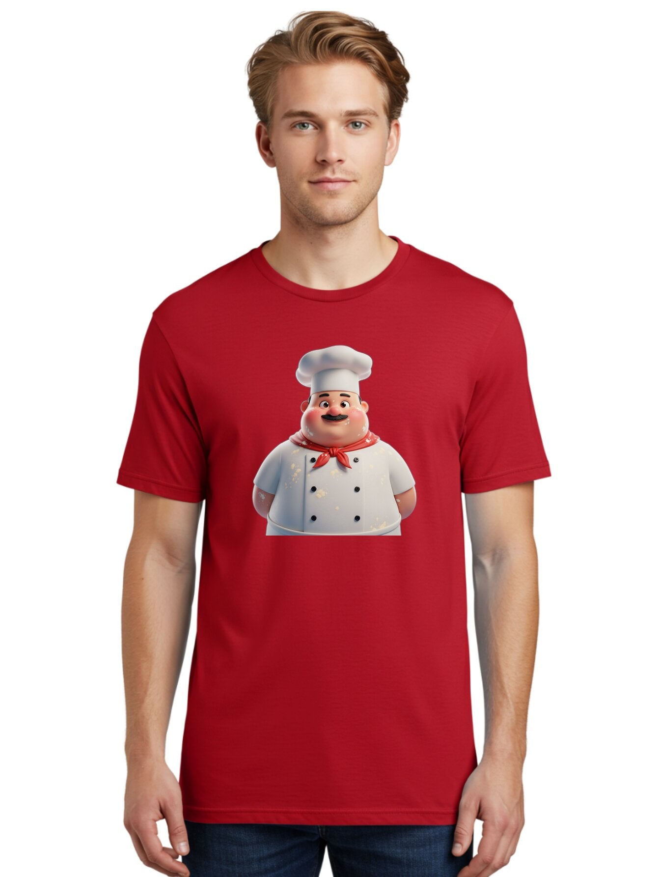 Chef-Character Men'S Graphic Tee, 100% Cotton, Comfortable Casual Summer Wear, Machine Washable, Cartoon Chef, White Chef Hat, Red Neckerchief, Mustache, Chef Coat, Cooking, Culinary Arts, Kitchen Staff, Food Preparation, 3D Character, Bac814 23