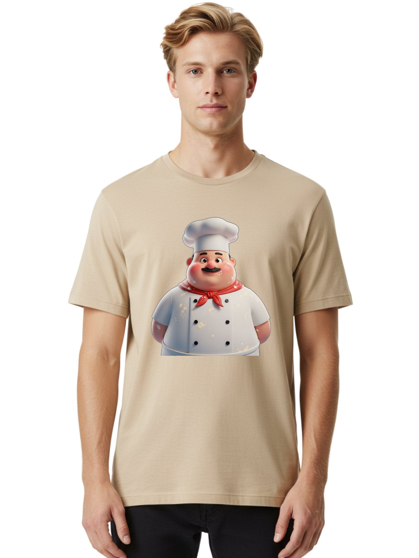Chef-Character Men'S Graphic Tee, 100% Cotton, Comfortable Casual Summer Wear, Machine Washable, Cartoon Chef, White Chef Hat, Red Neckerchief, Mustache, Chef Coat, Cooking, Culinary Arts, Kitchen Staff, Food Preparation, 3D Character, Bac814 25
