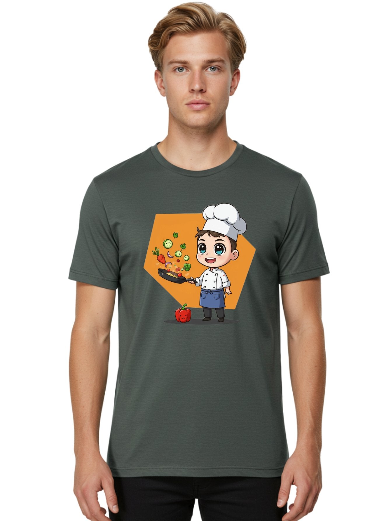 Chef-Cooking-Vegetables Men'S Graphic Tee, 100% Cotton, Comfortable Casual Summer Wear, Machine Washable, Cartoon Chef, Young Boy Cooking, Healthy Vegetables, Kitchen Skills, Chef Hat, Cooking Pan, Fresh Produce, Culinary Arts, Kid Chef Bac815 24