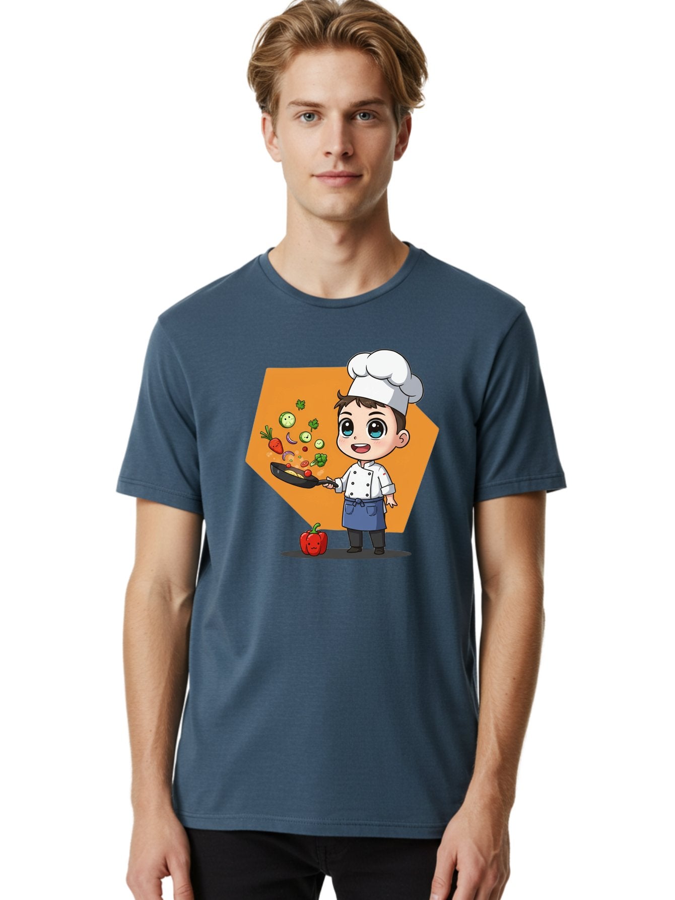 Chef-Cooking-Vegetables Men'S Graphic Tee, 100% Cotton, Comfortable Casual Summer Wear, Machine Washable, Cartoon Chef, Young Boy Cooking, Healthy Vegetables, Kitchen Skills, Chef Hat, Cooking Pan, Fresh Produce, Culinary Arts, Kid Chef Bac815 22