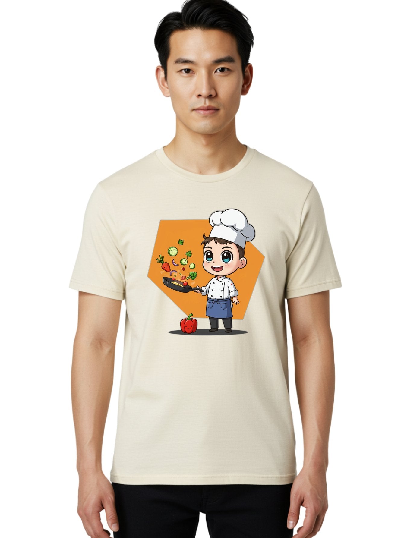 Chef-Cooking-Vegetables Men'S Graphic Tee, 100% Cotton, Comfortable Casual Summer Wear, Machine Washable, Cartoon Chef, Young Boy Cooking, Healthy Vegetables, Kitchen Skills, Chef Hat, Cooking Pan, Fresh Produce, Culinary Arts, Kid Chef Bac815 28