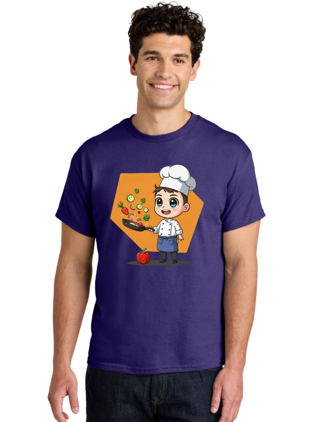Chef-Cooking-Vegetables Men'S Graphic Tee, 100% Cotton, Comfortable Casual Summer Wear, Machine Washable, Cartoon Chef, Young Boy Cooking, Healthy Vegetables, Kitchen Skills, Chef Hat, Cooking Pan, Fresh Produce, Culinary Arts, Kid Chef Bac815 16
