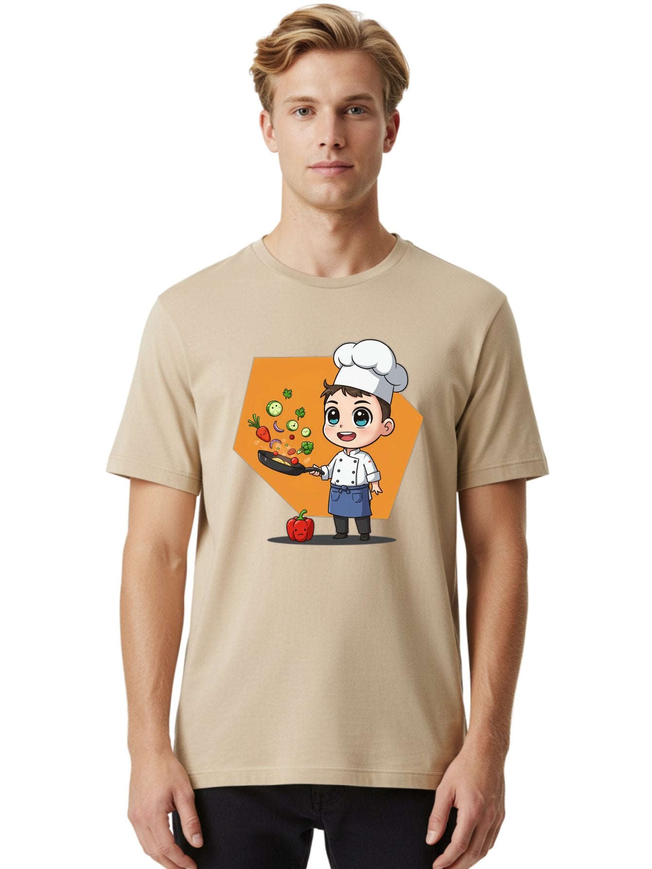 Chef-Cooking-Vegetables Men'S Graphic Tee, 100% Cotton, Comfortable Casual Summer Wear, Machine Washable, Cartoon Chef, Young Boy Cooking, Healthy Vegetables, Kitchen Skills, Chef Hat, Cooking Pan, Fresh Produce, Culinary Arts, Kid Chef Bac815 23