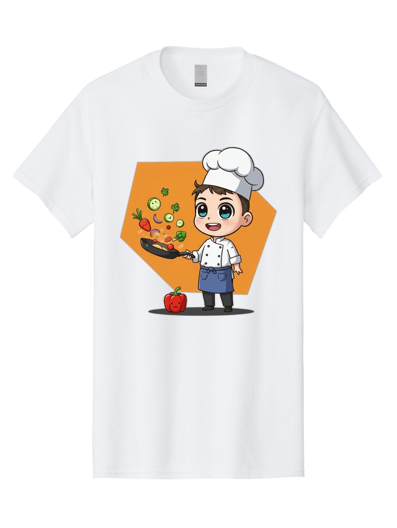 Chef-Cooking-Vegetables Men'S Graphic Tee, 100% Cotton, Comfortable Casual Summer Wear, Machine Washable, Cartoon Chef, Young Boy Cooking, Healthy Vegetables, Kitchen Skills, Chef Hat, Cooking Pan, Fresh Produce, Culinary Arts, Kid Chef Bac815