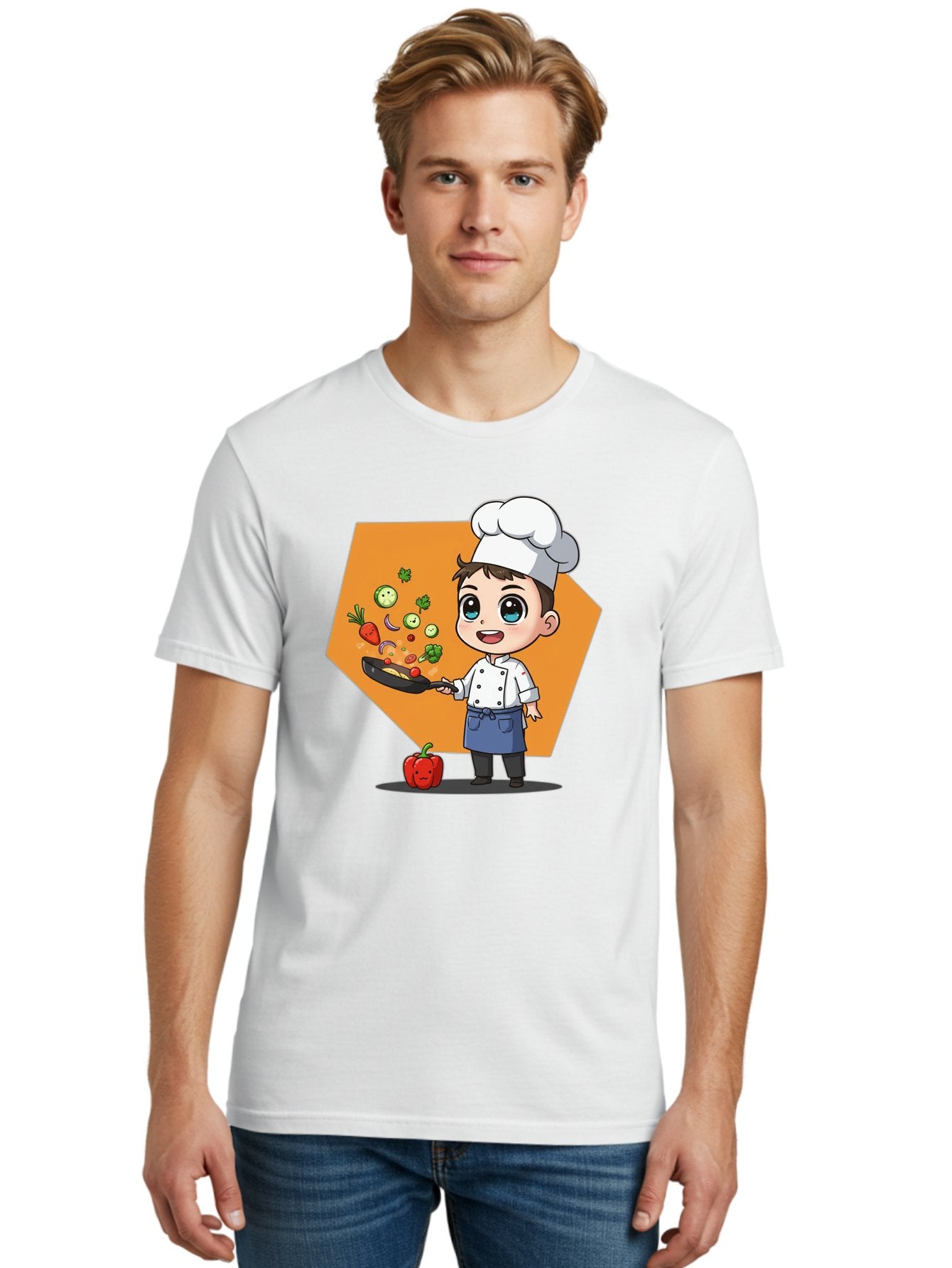 Chef-Cooking-Vegetables Men'S Graphic Tee, 100% Cotton, Comfortable Casual Summer Wear, Machine Washable, Cartoon Chef, Young Boy Cooking, Healthy Vegetables, Kitchen Skills, Chef Hat, Cooking Pan, Fresh Produce, Culinary Arts, Kid Chef Bac815 21