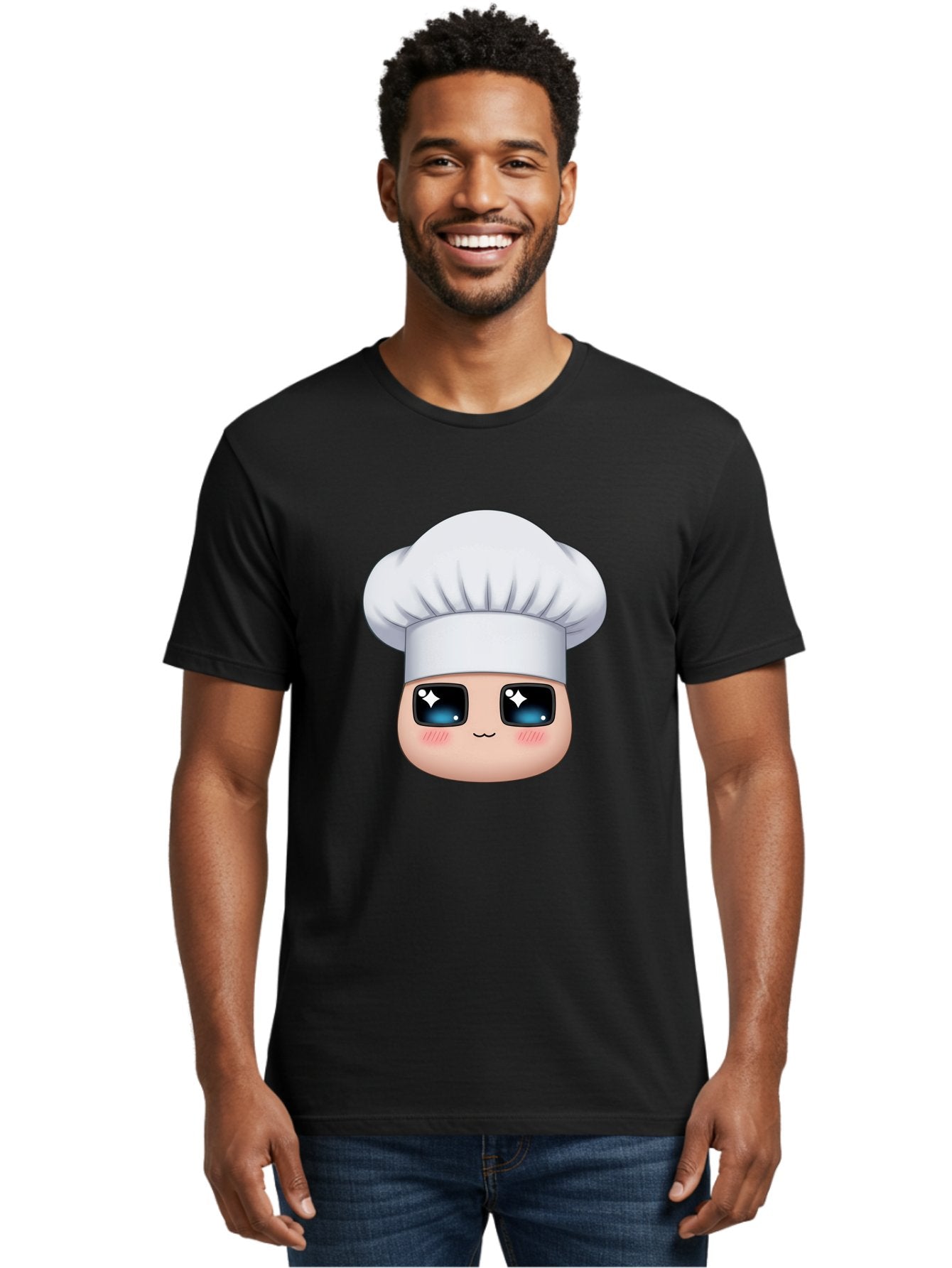 Chef-Emoji-1 Men'S Graphic Tee, 100% Cotton, Comfortable Casual Summer Wear, Machine Washable, Cartoon Chef, Cooking Emoji, Chef Hat, Cute Face, Sparkle Eyes, Rosy Cheeks, Kawaii Style, Culinary Art, Foodie, Cooking Enthusiast Bac816 16