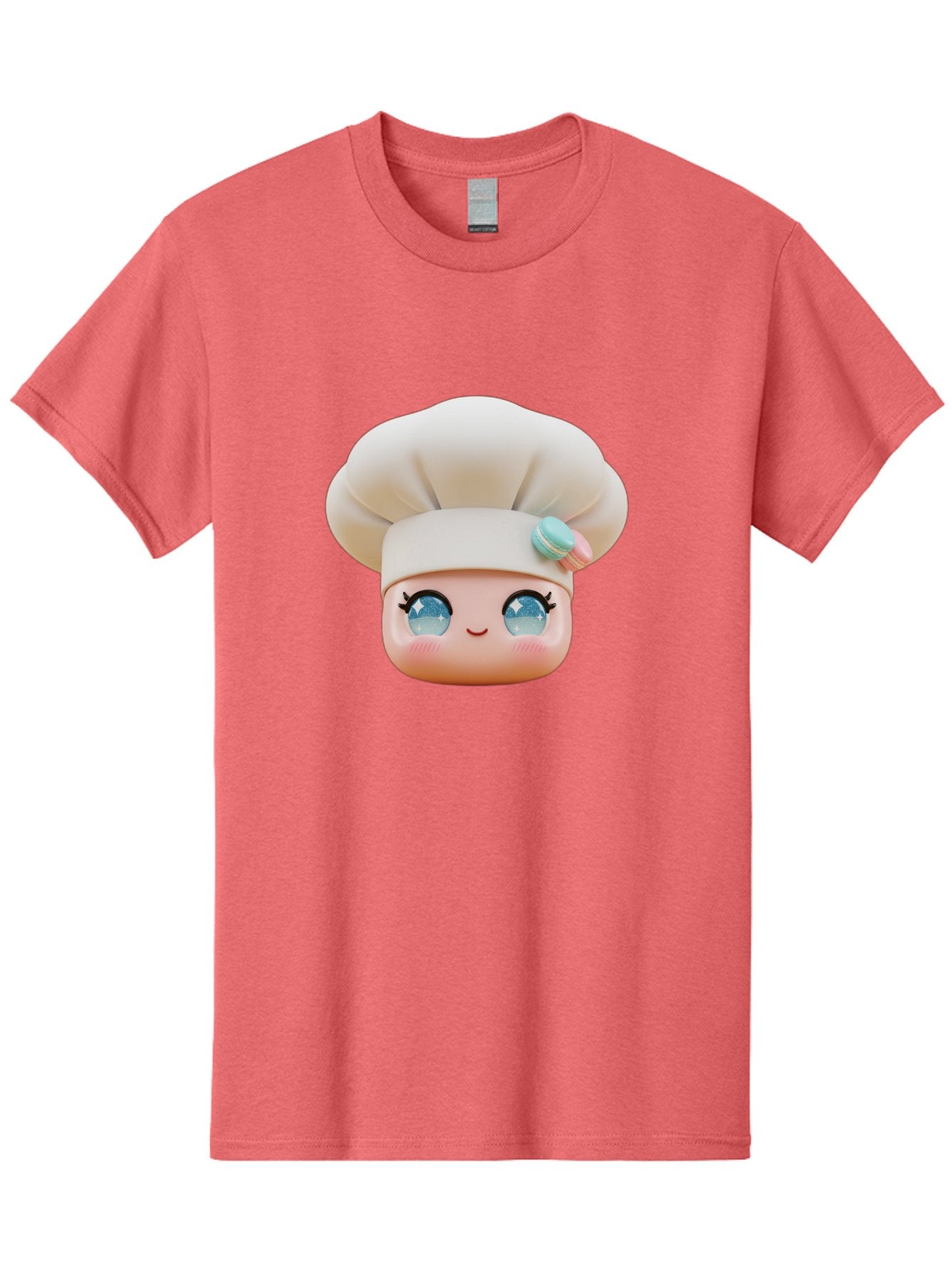 Chef-Face-1 Men'S Graphic Tee, 100% Cotton, Comfortable Casual Summer Wear, Machine Washable, Cartoon Chef Head, White Chef Hat, Blue Eyes, Smiling Face, Pink Cheeks, Macaron Decoration, Kawaii Style, Adorable Illustration, Digital Art, Bac821