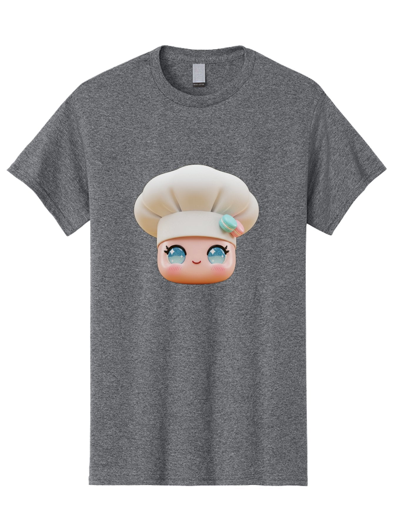Chef-Face-1 Men'S Graphic Tee, 100% Cotton, Comfortable Casual Summer Wear, Machine Washable, Cartoon Chef Head, White Chef Hat, Blue Eyes, Smiling Face, Pink Cheeks, Macaron Decoration, Kawaii Style, Adorable Illustration, Digital Art, Bac821