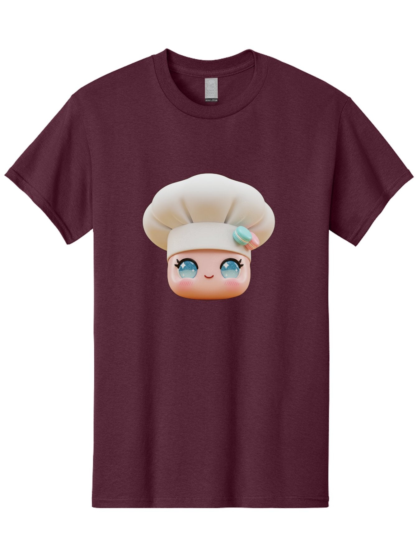 Chef-Face-1 Men'S Graphic Tee, 100% Cotton, Comfortable Casual Summer Wear, Machine Washable, Cartoon Chef Head, White Chef Hat, Blue Eyes, Smiling Face, Pink Cheeks, Macaron Decoration, Kawaii Style, Adorable Illustration, Digital Art, Bac821 7