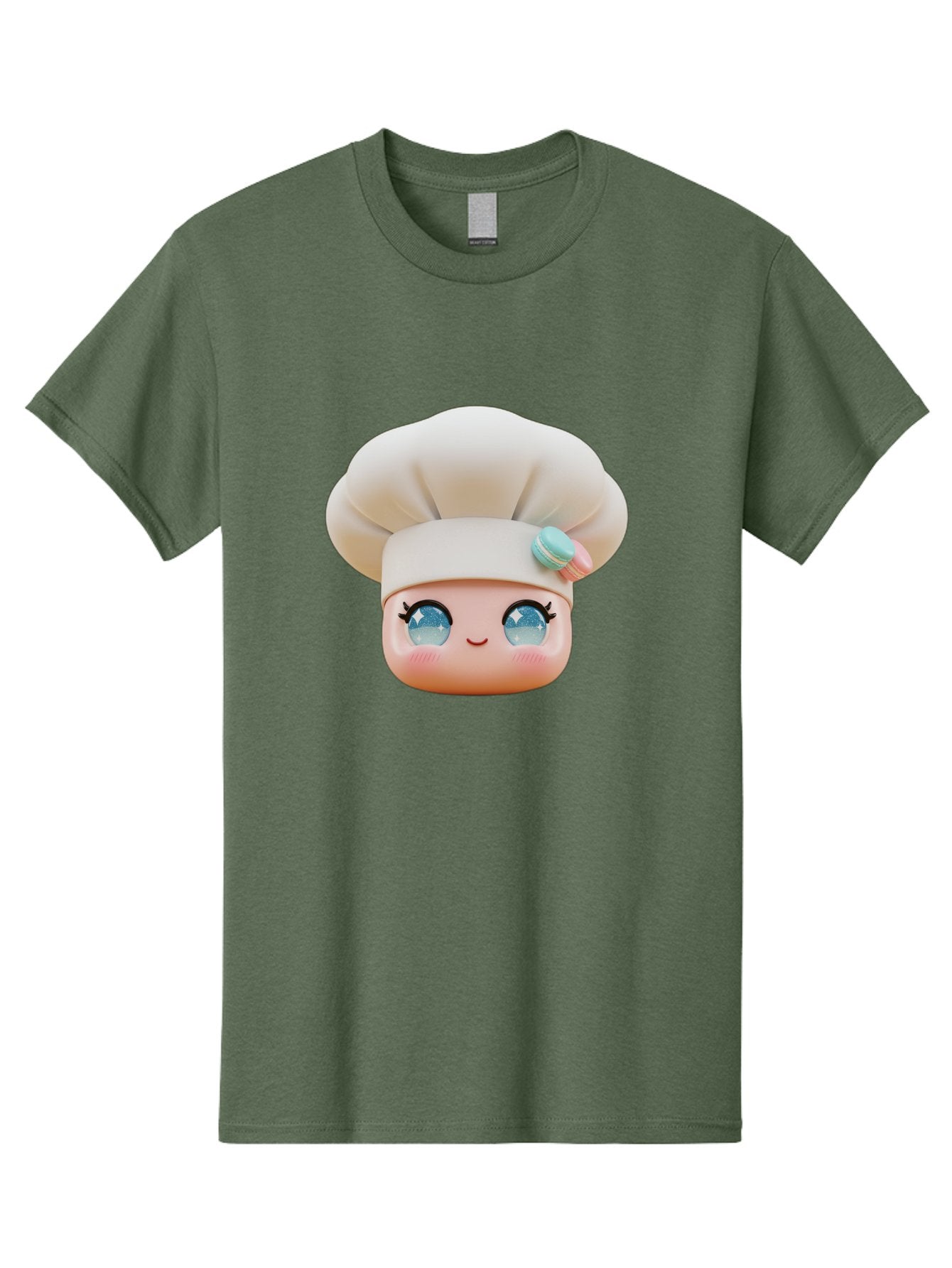 Chef-Face-1 Men'S Graphic Tee, 100% Cotton, Comfortable Casual Summer Wear, Machine Washable, Cartoon Chef Head, White Chef Hat, Blue Eyes, Smiling Face, Pink Cheeks, Macaron Decoration, Kawaii Style, Adorable Illustration, Digital Art, Bac821 9