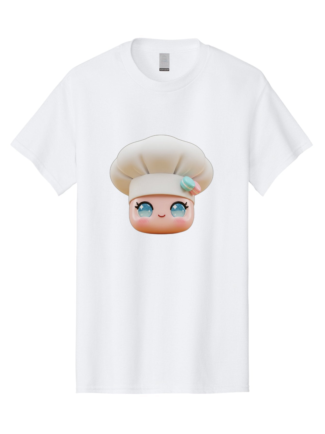 Chef-Face-1 Men'S Graphic Tee, 100% Cotton, Comfortable Casual Summer Wear, Machine Washable, Cartoon Chef Head, White Chef Hat, Blue Eyes, Smiling Face, Pink Cheeks, Macaron Decoration, Kawaii Style, Adorable Illustration, Digital Art, Bac821 4