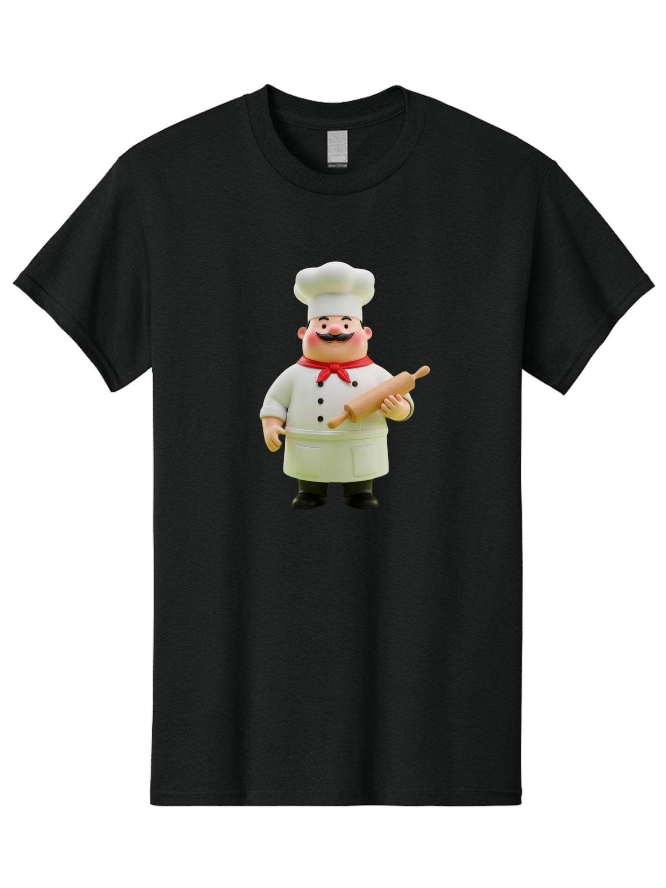Chef-Figurine-1 Men'S Graphic Tee, 100% Cotton, Comfortable Casual Summer Wear, Machine Washable, Cartoon Chef Figurine, White Chef Coat, Red Neckerchief, Black Mustache, Rolling Pin, Cooking Utensils, Culinary Art, Kitchen Decor, Bac823 8