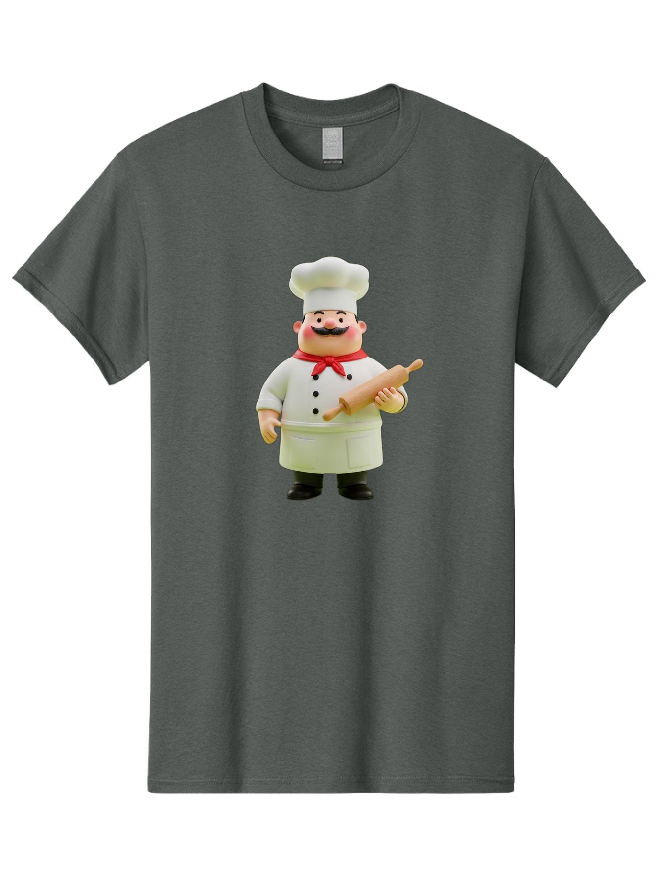 Chef-Figurine-1 Men'S Graphic Tee, 100% Cotton, Comfortable Casual Summer Wear, Machine Washable, Cartoon Chef Figurine, White Chef Coat, Red Neckerchief, Black Mustache, Rolling Pin, Cooking Utensils, Culinary Art, Kitchen Decor, Bac823 15