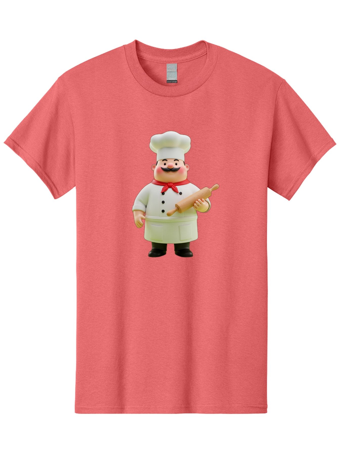 Chef-Figurine-1 Men'S Graphic Tee, 100% Cotton, Comfortable Casual Summer Wear, Machine Washable, Cartoon Chef Figurine, White Chef Coat, Red Neckerchief, Black Mustache, Rolling Pin, Cooking Utensils, Culinary Art, Kitchen Decor, Bac823 6