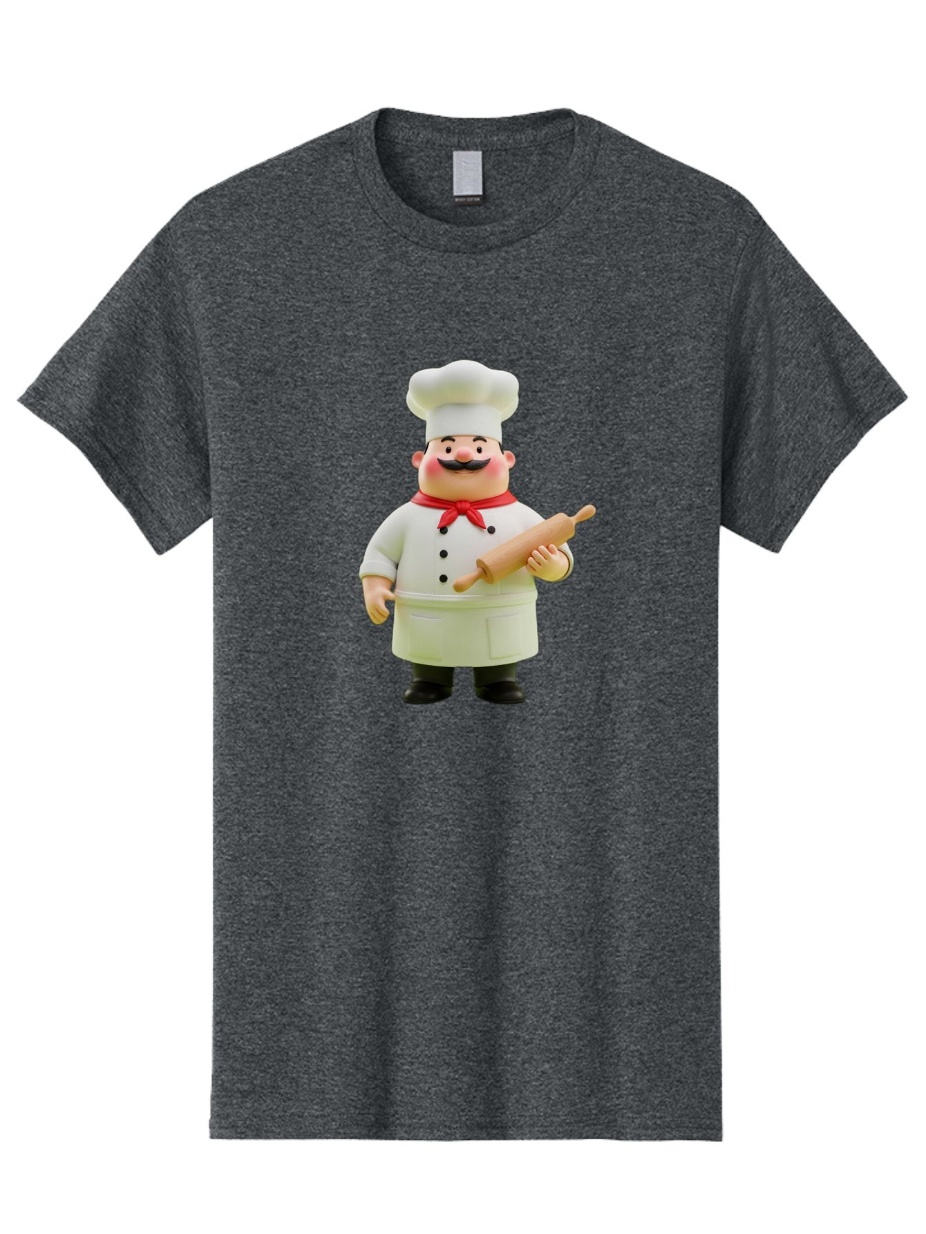 Chef-Figurine-1 Men'S Graphic Tee, 100% Cotton, Comfortable Casual Summer Wear, Machine Washable, Cartoon Chef Figurine, White Chef Coat, Red Neckerchief, Black Mustache, Rolling Pin, Cooking Utensils, Culinary Art, Kitchen Decor, Bac823 13