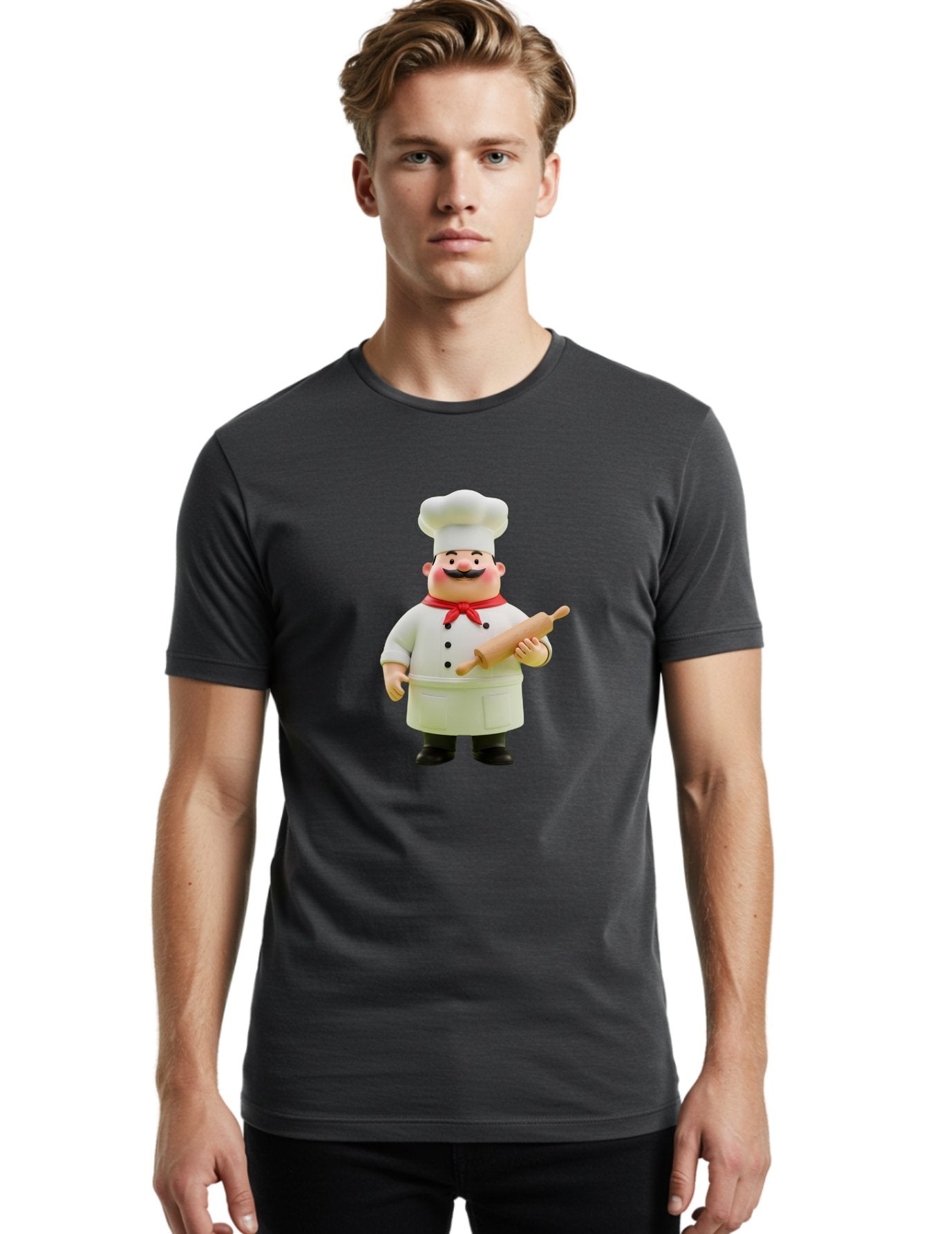 Chef-Figurine-1 Men'S Graphic Tee, 100% Cotton, Comfortable Casual Summer Wear, Machine Washable, Cartoon Chef Figurine, White Chef Coat, Red Neckerchief, Black Mustache, Rolling Pin, Cooking Utensils, Culinary Art, Kitchen Decor, Bac823 20