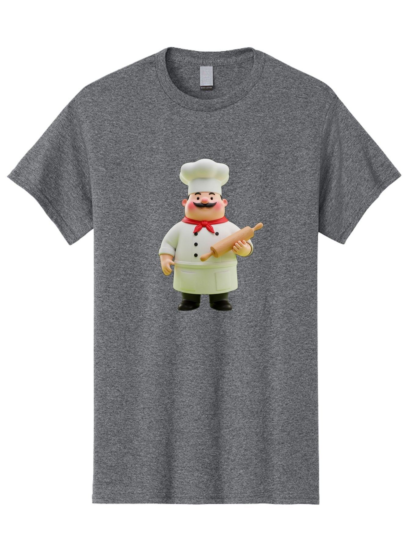 Chef-Figurine-1 Men'S Graphic Tee, 100% Cotton, Comfortable Casual Summer Wear, Machine Washable, Cartoon Chef Figurine, White Chef Coat, Red Neckerchief, Black Mustache, Rolling Pin, Cooking Utensils, Culinary Art, Kitchen Decor, Bac823