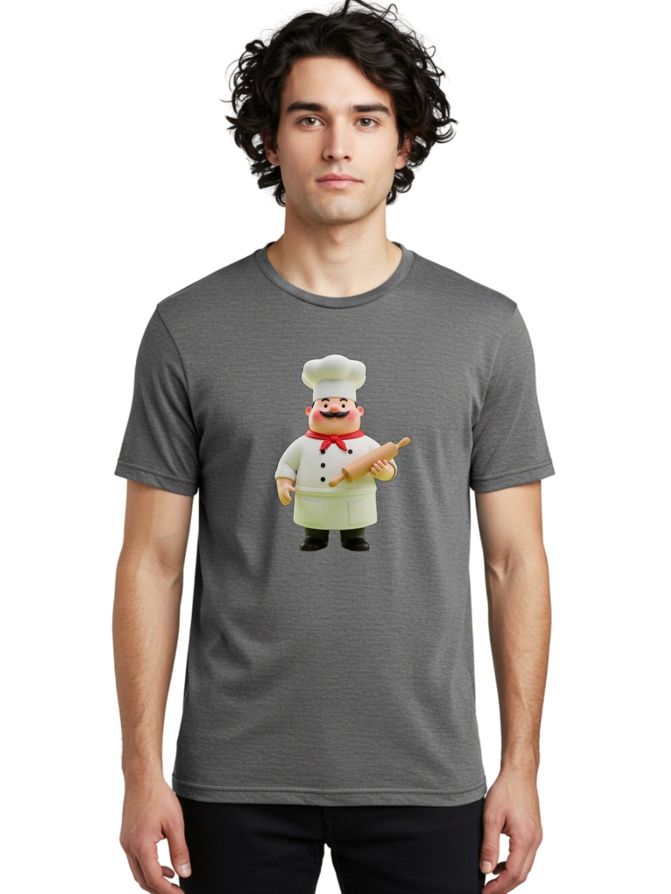 Chef-Figurine-1 Men'S Graphic Tee, 100% Cotton, Comfortable Casual Summer Wear, Machine Washable, Cartoon Chef Figurine, White Chef Coat, Red Neckerchief, Black Mustache, Rolling Pin, Cooking Utensils, Culinary Art, Kitchen Decor, Bac823 19