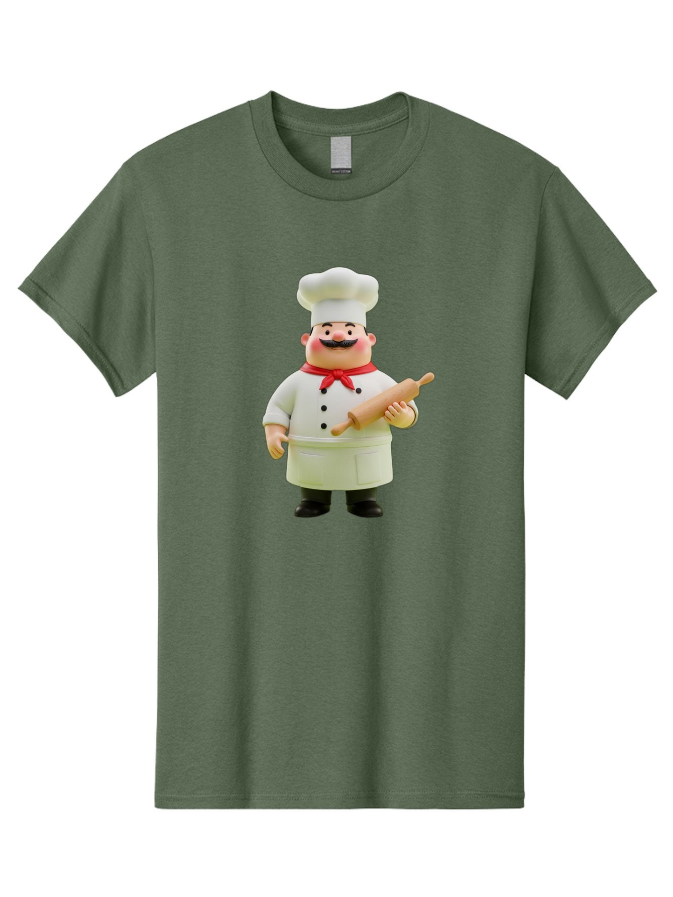 Chef-Figurine-1 Men'S Graphic Tee, 100% Cotton, Comfortable Casual Summer Wear, Machine Washable, Cartoon Chef Figurine, White Chef Coat, Red Neckerchief, Black Mustache, Rolling Pin, Cooking Utensils, Culinary Art, Kitchen Decor, Bac823 9