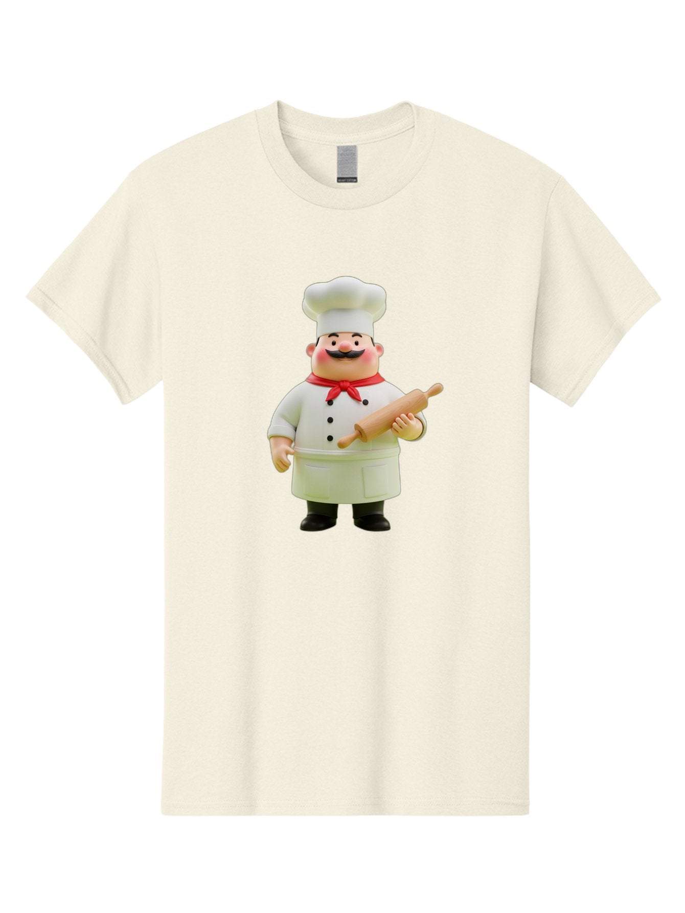 Chef-Figurine-1 Men'S Graphic Tee, 100% Cotton, Comfortable Casual Summer Wear, Machine Washable, Cartoon Chef Figurine, White Chef Coat, Red Neckerchief, Black Mustache, Rolling Pin, Cooking Utensils, Culinary Art, Kitchen Decor, Bac823 7