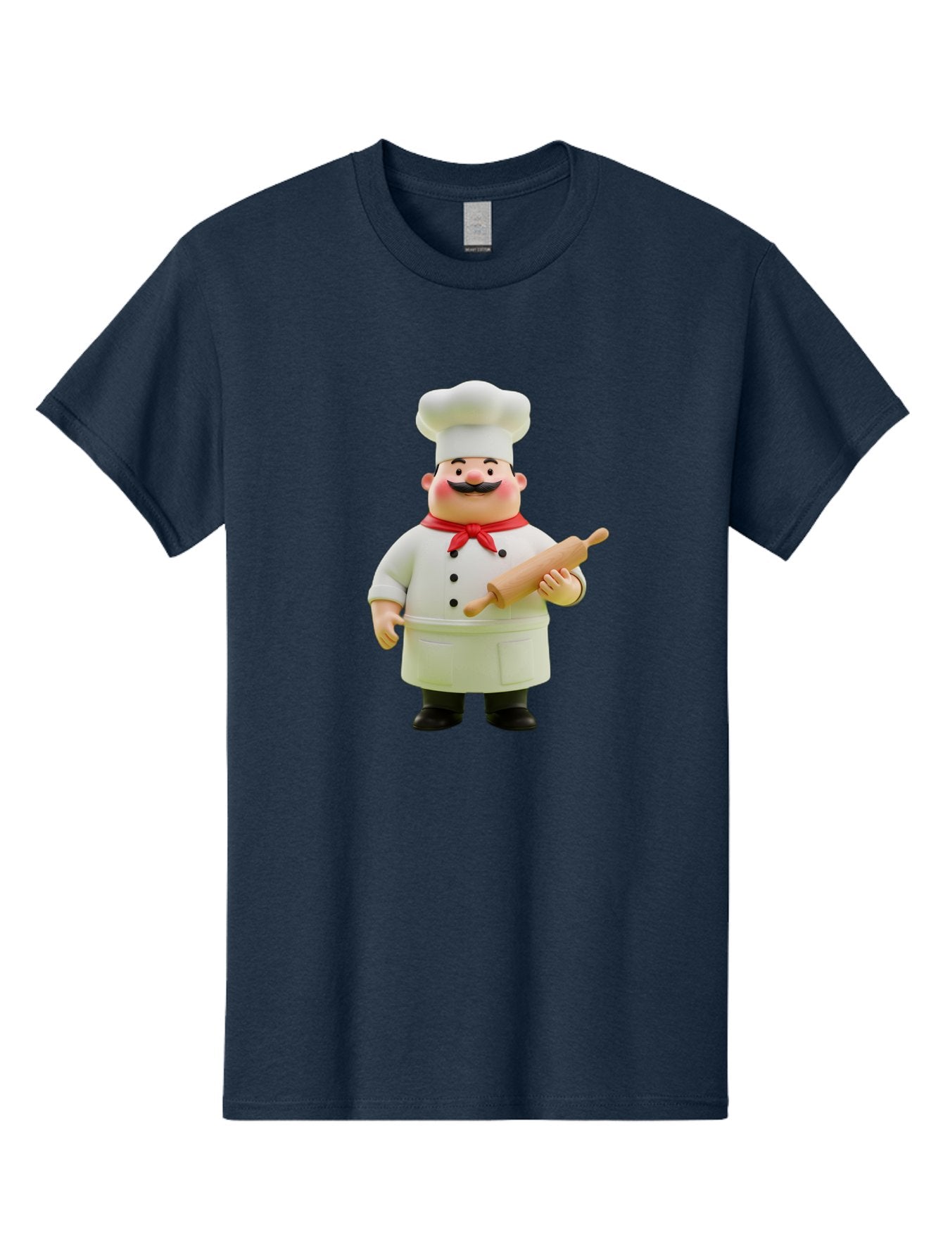 Chef-Figurine-1 Men'S Graphic Tee, 100% Cotton, Comfortable Casual Summer Wear, Machine Washable, Cartoon Chef Figurine, White Chef Coat, Red Neckerchief, Black Mustache, Rolling Pin, Cooking Utensils, Culinary Art, Kitchen Decor, Bac823