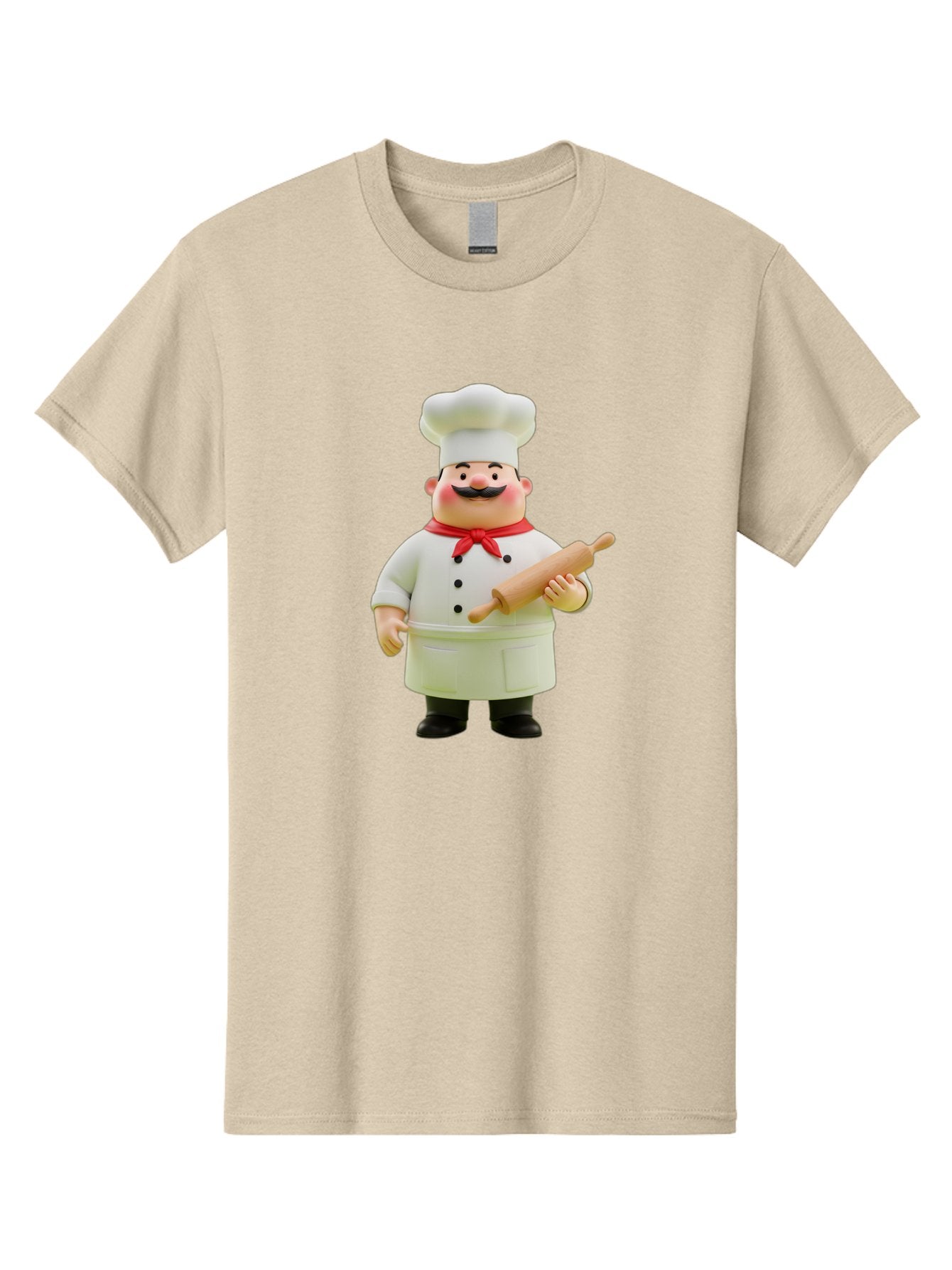 Chef-Figurine-1 Men'S Graphic Tee, 100% Cotton, Comfortable Casual Summer Wear, Machine Washable, Cartoon Chef Figurine, White Chef Coat, Red Neckerchief, Black Mustache, Rolling Pin, Cooking Utensils, Culinary Art, Kitchen Decor, Bac823 3