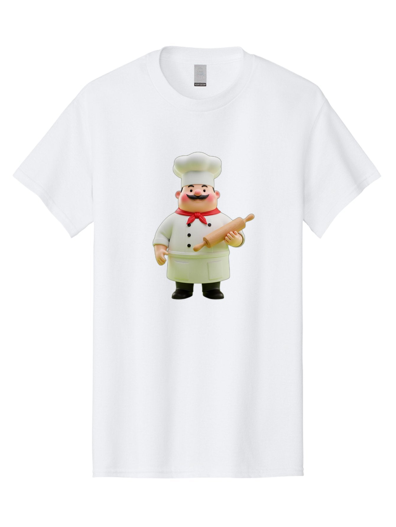 Chef-Figurine-1 Men'S Graphic Tee, 100% Cotton, Comfortable Casual Summer Wear, Machine Washable, Cartoon Chef Figurine, White Chef Coat, Red Neckerchief, Black Mustache, Rolling Pin, Cooking Utensils, Culinary Art, Kitchen Decor, Bac823 4