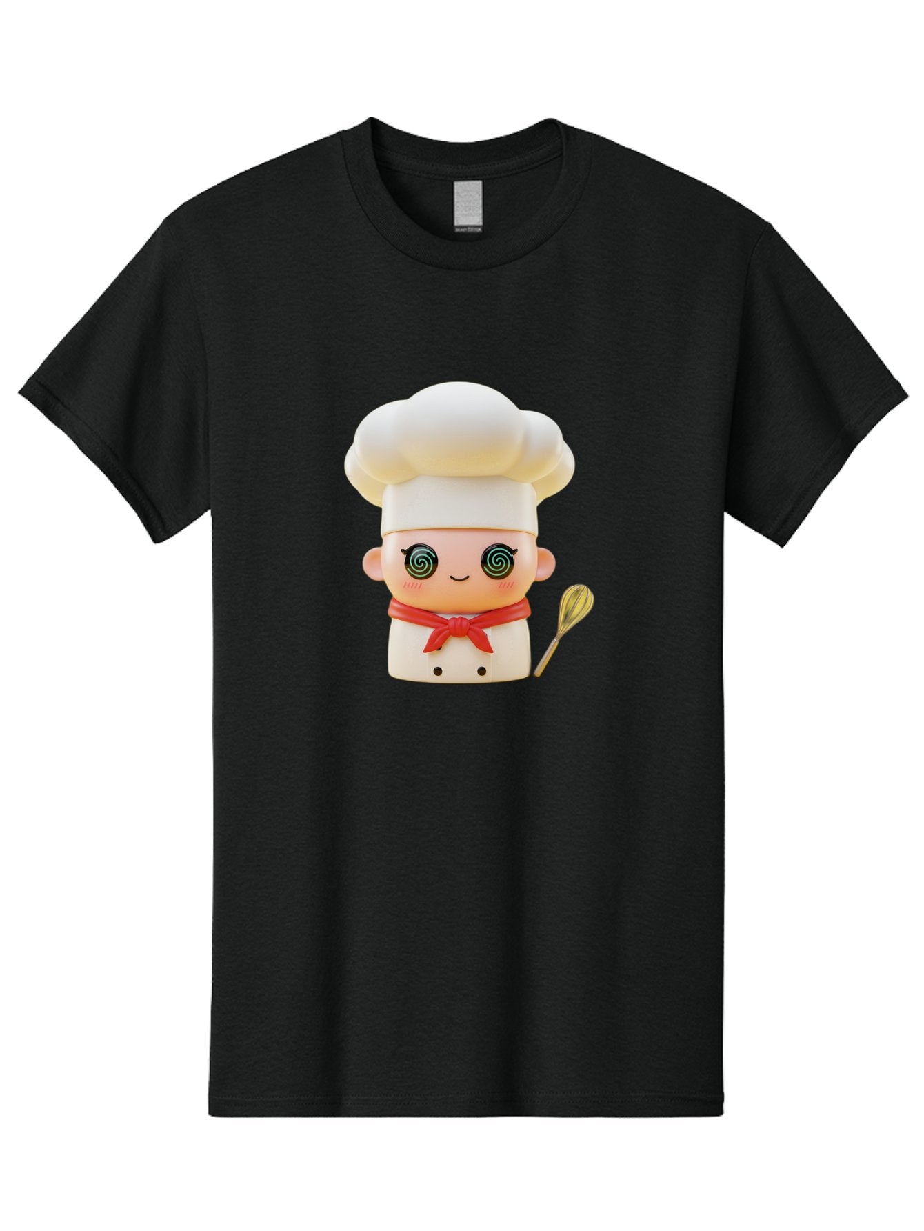 Chef-Figurine-3 Men'S Graphic Tee, 100% Cotton, Comfortable Casual Summer Wear, Machine Washable, Chef Figurine, White Chef Hat, Red Ribbon, Swirl Eyes, Cute Face, Baking Accessories, Whisk, Cooking Utensils, Culinary Art, Kawaii Character, Bac825