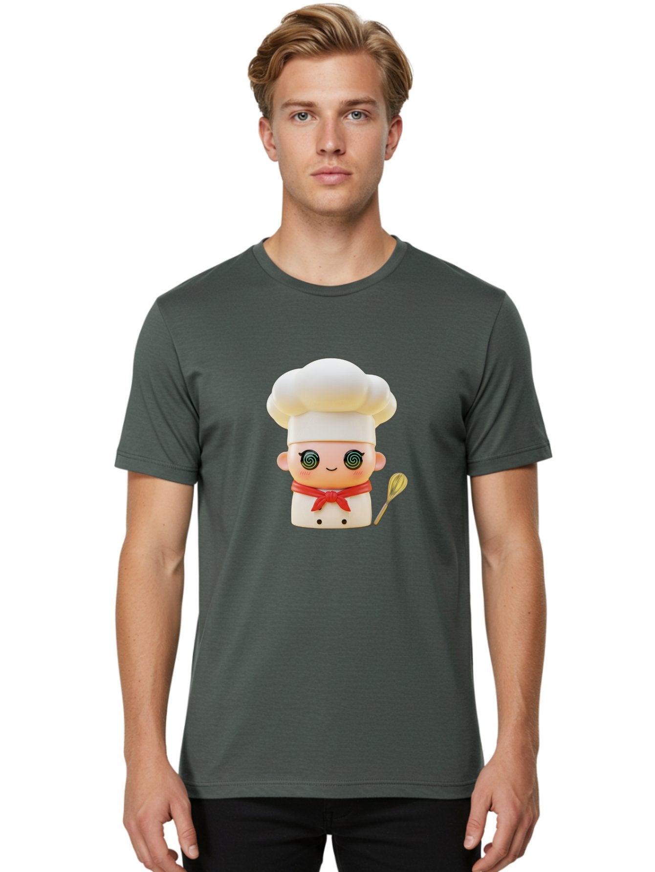 Chef-Figurine-3 Men'S Graphic Tee, 100% Cotton, Comfortable Casual Summer Wear, Machine Washable, Chef Figurine, White Chef Hat, Red Ribbon, Swirl Eyes, Cute Face, Baking Accessories, Whisk, Cooking Utensils, Culinary Art, Kawaii Character, Bac825 29