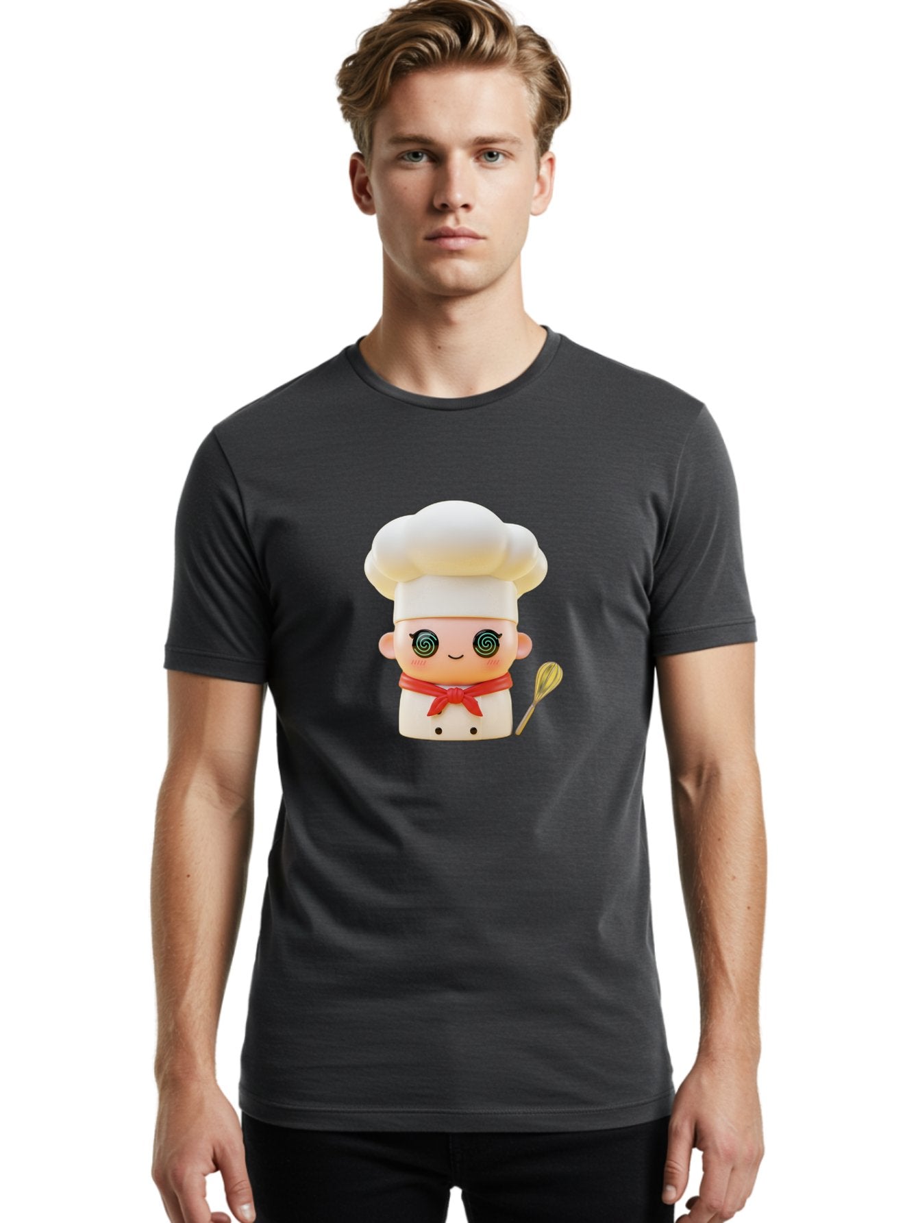 Chef-Figurine-3 Men'S Graphic Tee, 100% Cotton, Comfortable Casual Summer Wear, Machine Washable, Chef Figurine, White Chef Hat, Red Ribbon, Swirl Eyes, Cute Face, Baking Accessories, Whisk, Cooking Utensils, Culinary Art, Kawaii Character, Bac825 21