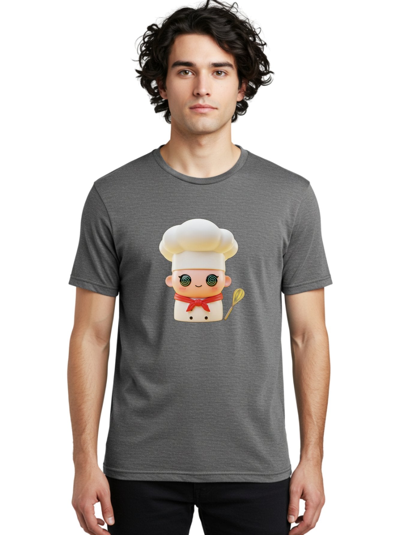 Chef-Figurine-3 Men'S Graphic Tee, 100% Cotton, Comfortable Casual Summer Wear, Machine Washable, Chef Figurine, White Chef Hat, Red Ribbon, Swirl Eyes, Cute Face, Baking Accessories, Whisk, Cooking Utensils, Culinary Art, Kawaii Character, Bac825 18