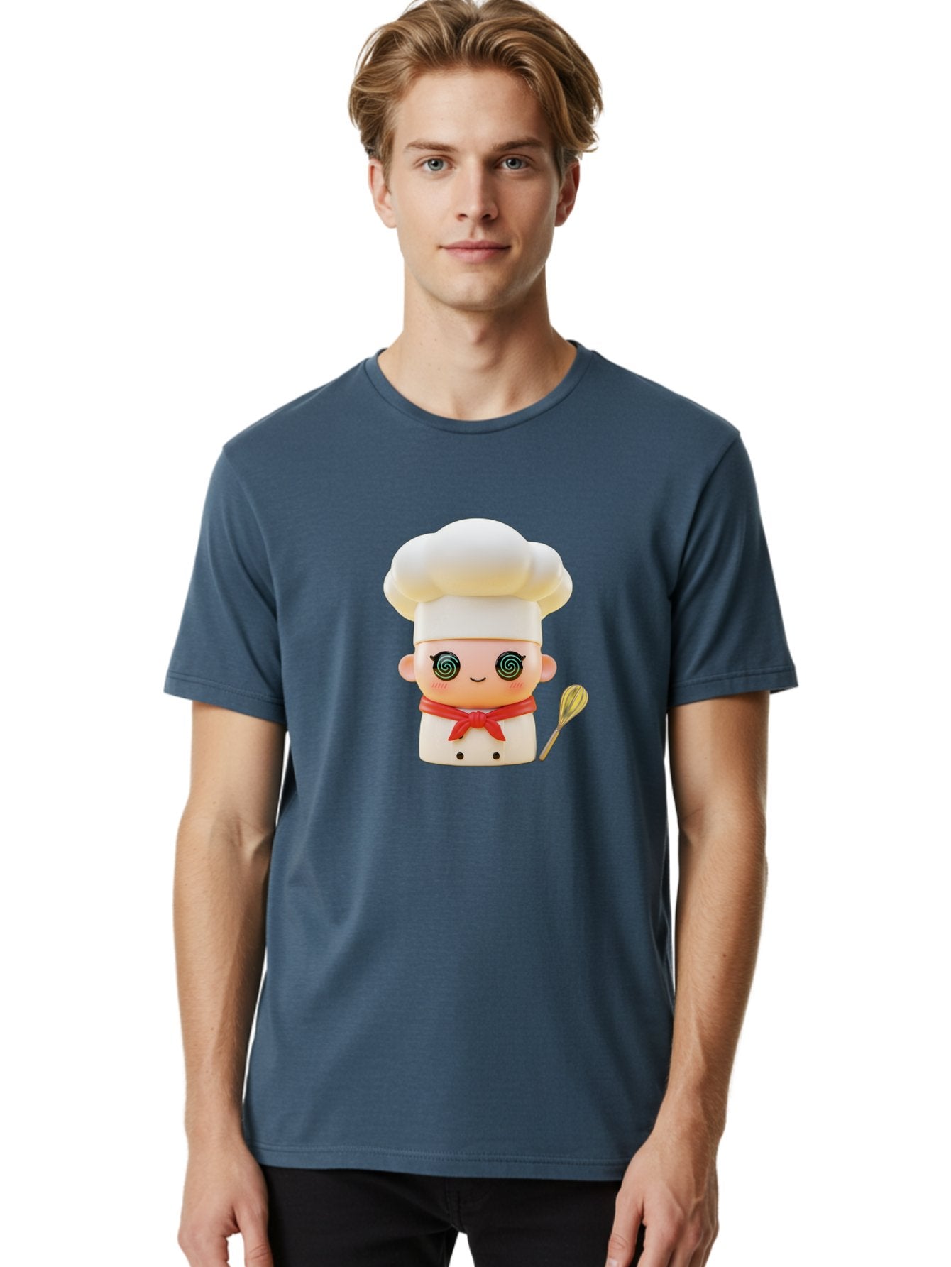 Chef-Figurine-3 Men'S Graphic Tee, 100% Cotton, Comfortable Casual Summer Wear, Machine Washable, Chef Figurine, White Chef Hat, Red Ribbon, Swirl Eyes, Cute Face, Baking Accessories, Whisk, Cooking Utensils, Culinary Art, Kawaii Character, Bac825 22