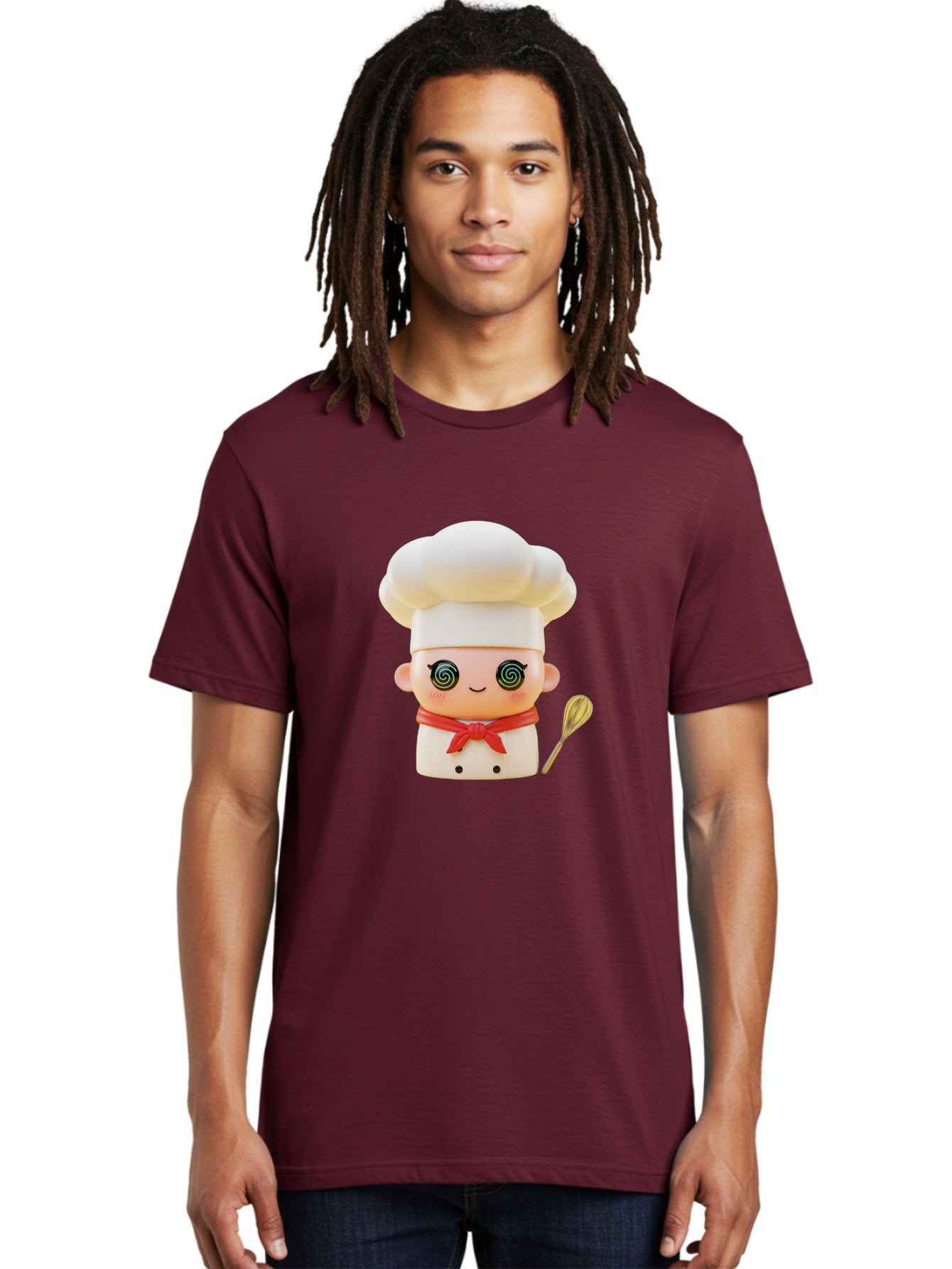 Chef-Figurine-3 Men'S Graphic Tee, 100% Cotton, Comfortable Casual Summer Wear, Machine Washable, Chef Figurine, White Chef Hat, Red Ribbon, Swirl Eyes, Cute Face, Baking Accessories, Whisk, Cooking Utensils, Culinary Art, Kawaii Character, Bac825 25