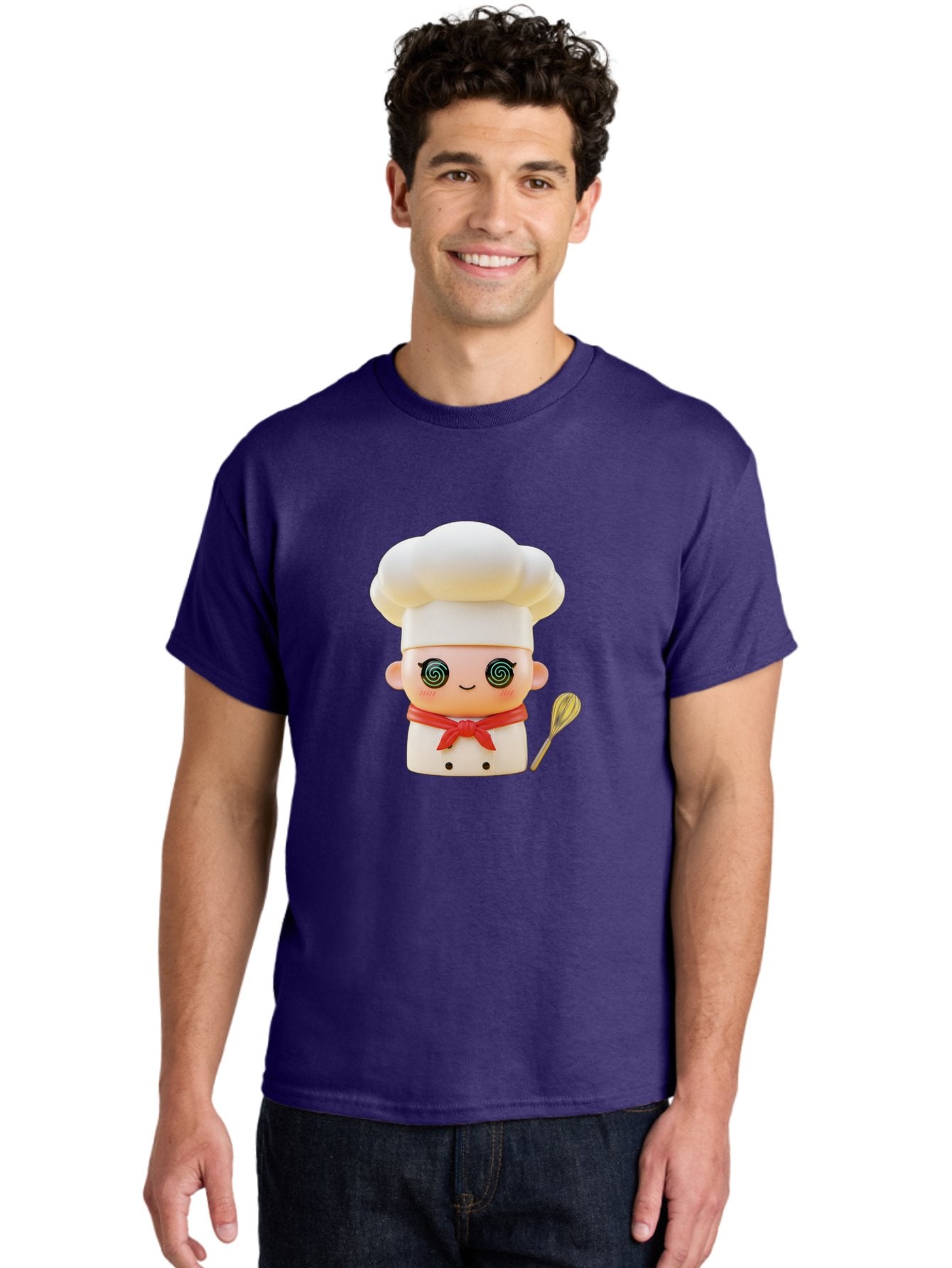 Chef-Figurine-3 Men'S Graphic Tee, 100% Cotton, Comfortable Casual Summer Wear, Machine Washable, Chef Figurine, White Chef Hat, Red Ribbon, Swirl Eyes, Cute Face, Baking Accessories, Whisk, Cooking Utensils, Culinary Art, Kawaii Character, Bac825 20