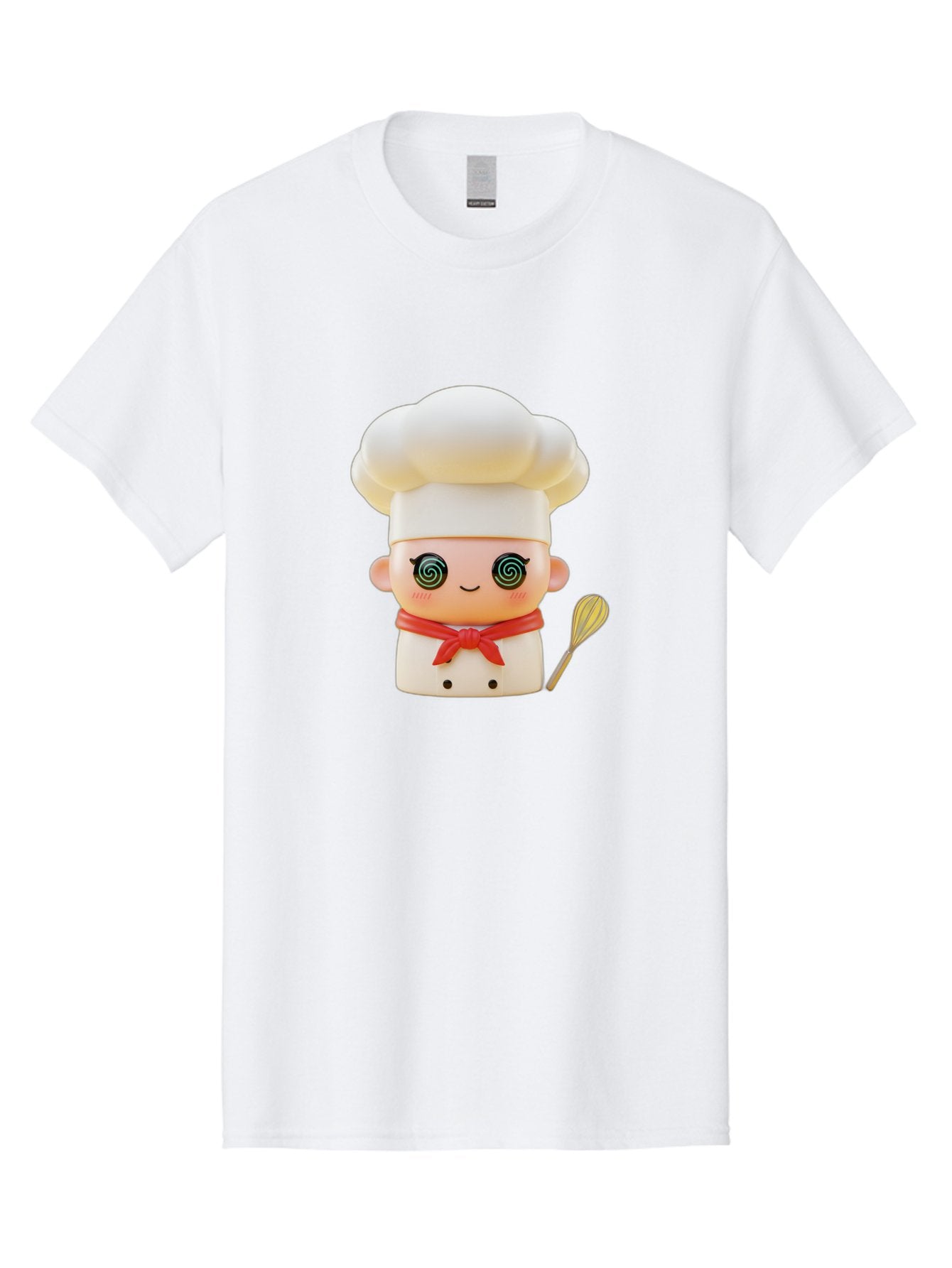 Chef-Figurine-3 Men'S Graphic Tee, 100% Cotton, Comfortable Casual Summer Wear, Machine Washable, Chef Figurine, White Chef Hat, Red Ribbon, Swirl Eyes, Cute Face, Baking Accessories, Whisk, Cooking Utensils, Culinary Art, Kawaii Character, Bac825 5