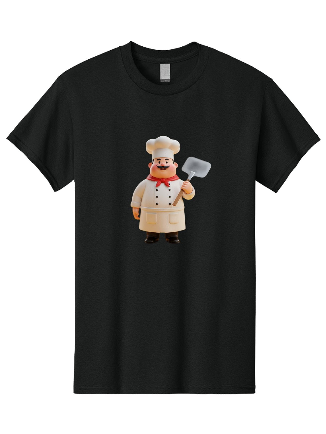 Chef-Figurine Men'S Graphic Tee, 100% Cotton, Comfortable Casual Summer Wear, Machine Washable, Lego Figurine Of A Chef, White Hat, Red Neckerchief, White Double-Breasted Jacket, Black Trousers, Black Shoes, Mustache, Holding A Spatula, Bac826 4