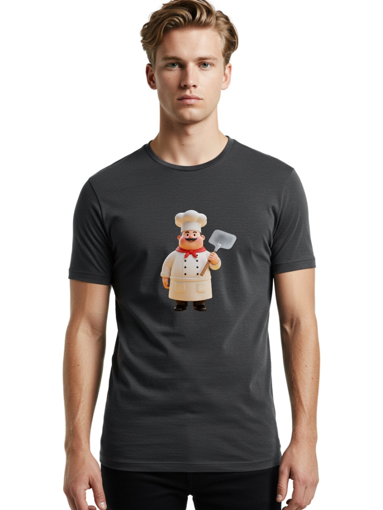 Chef-Figurine Men'S Graphic Tee, 100% Cotton, Comfortable Casual Summer Wear, Machine Washable, Lego Figurine Of A Chef, White Hat, Red Neckerchief, White Double-Breasted Jacket, Black Trousers, Black Shoes, Mustache, Holding A Spatula, Bac826 23