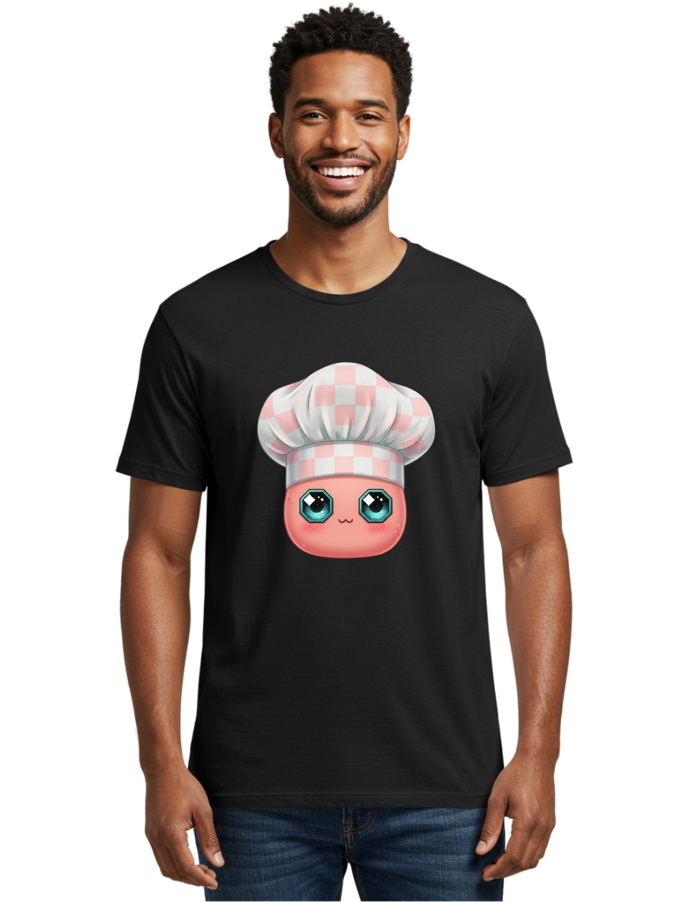 Chef-Gingham-Hat Men'S Graphic Tee, 100% Cotton, Comfortable Casual Summer Wear, Machine Washable, Cartoon Character, Chef Hat, Pink Checkered Pattern, Cute Face, Blue Eyes, Futuristic Look, Kawaii Style, Cooking, Baking, Foodie Culture, Bac827 21