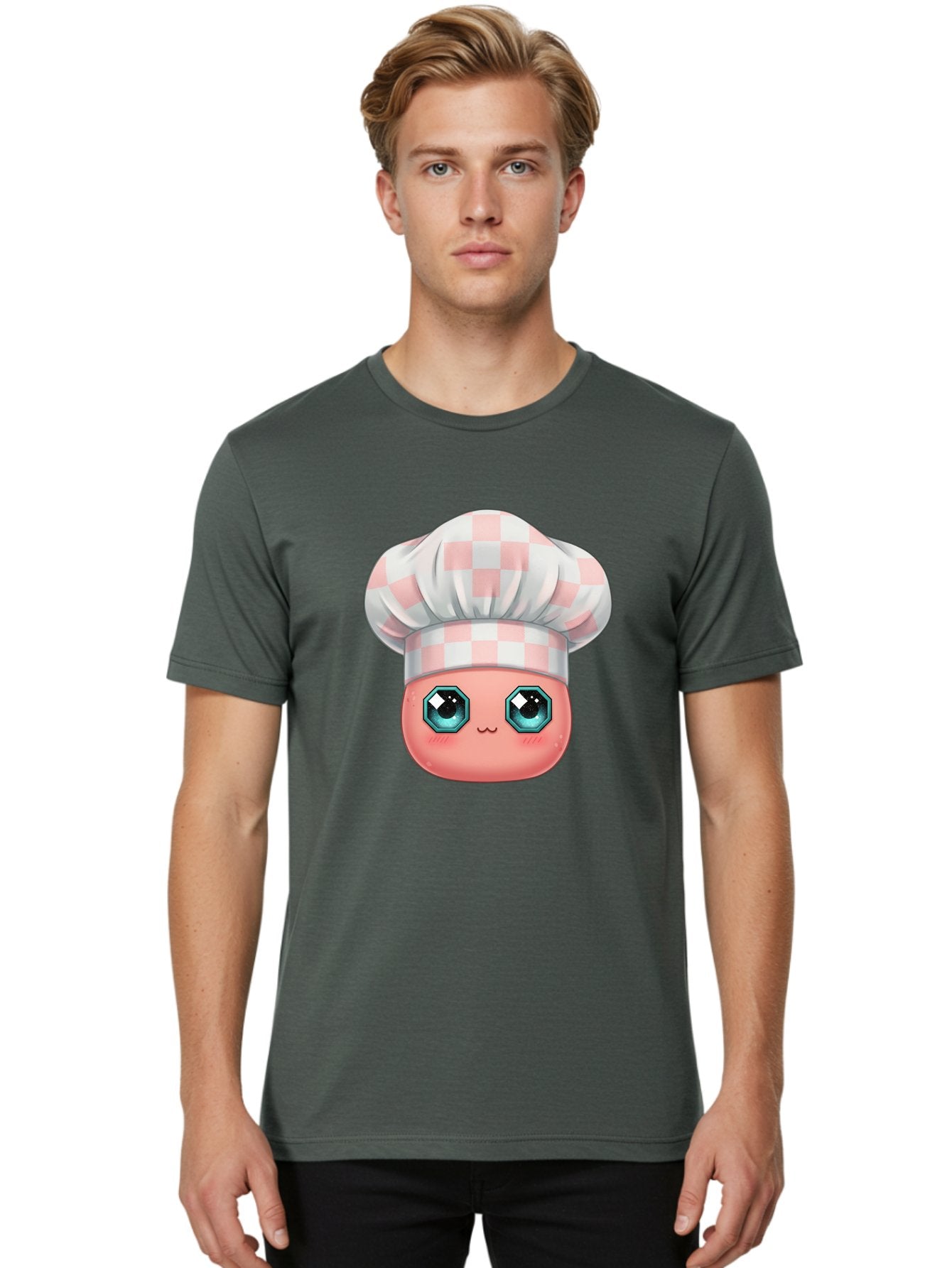 Chef-Gingham-Hat Men'S Graphic Tee, 100% Cotton, Comfortable Casual Summer Wear, Machine Washable, Cartoon Character, Chef Hat, Pink Checkered Pattern, Cute Face, Blue Eyes, Futuristic Look, Kawaii Style, Cooking, Baking, Foodie Culture, Bac827 17