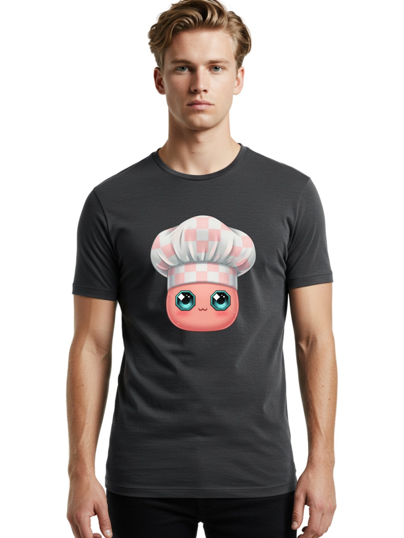 Chef-Gingham-Hat Men'S Graphic Tee, 100% Cotton, Comfortable Casual Summer Wear, Machine Washable, Cartoon Character, Chef Hat, Pink Checkered Pattern, Cute Face, Blue Eyes, Futuristic Look, Kawaii Style, Cooking, Baking, Foodie Culture, Bac827 18