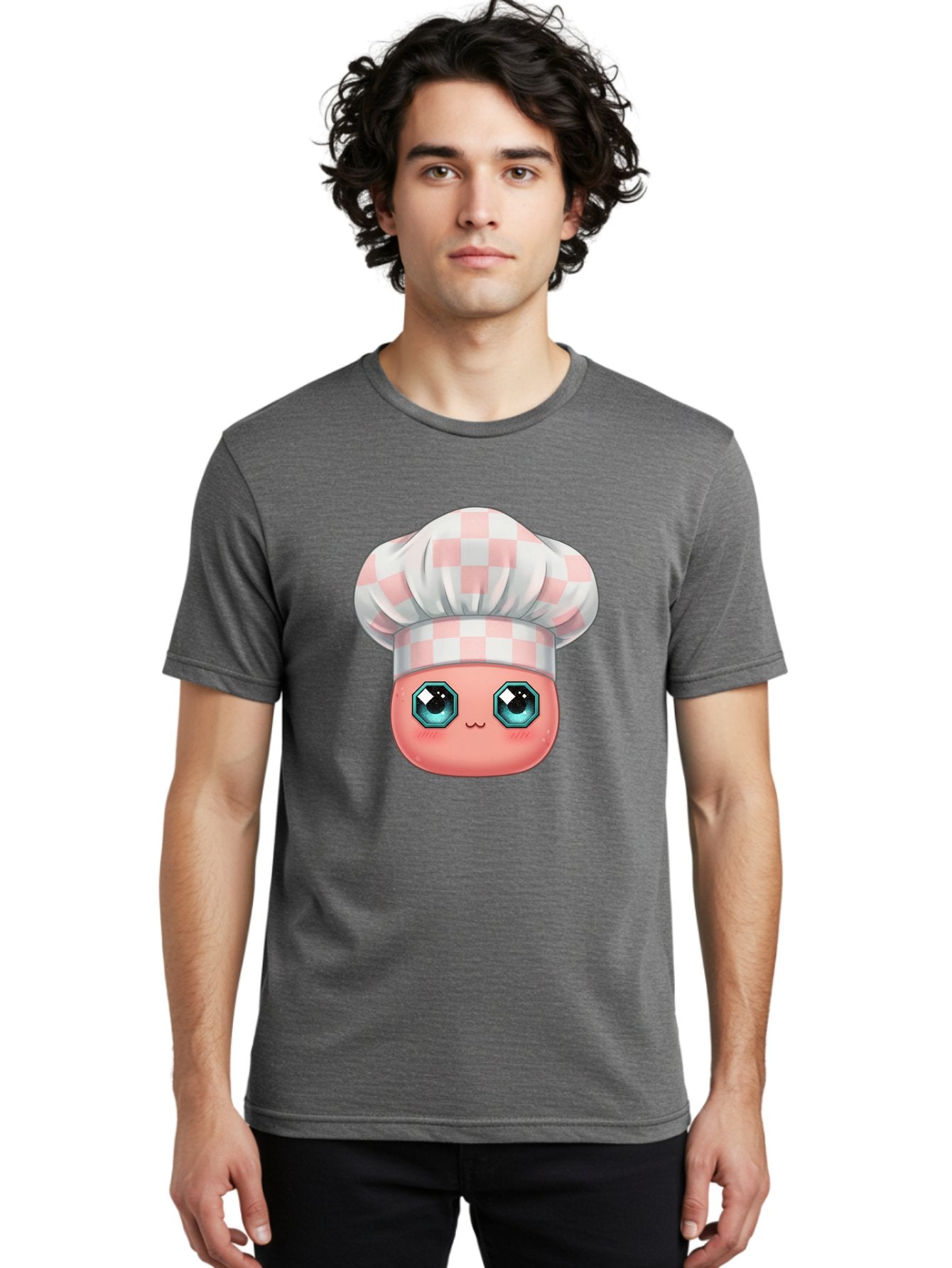 Chef-Gingham-Hat Men'S Graphic Tee, 100% Cotton, Comfortable Casual Summer Wear, Machine Washable, Cartoon Character, Chef Hat, Pink Checkered Pattern, Cute Face, Blue Eyes, Futuristic Look, Kawaii Style, Cooking, Baking, Foodie Culture, Bac827 27