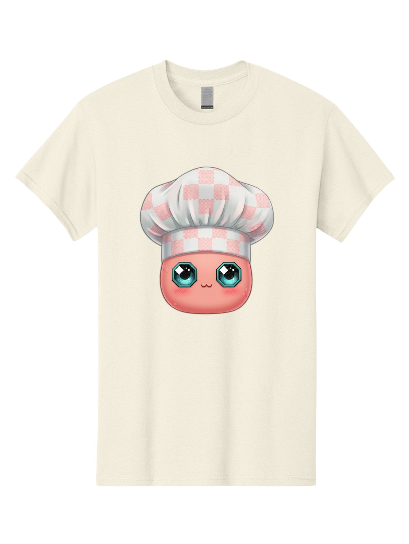 Chef-Gingham-Hat Men'S Graphic Tee, 100% Cotton, Comfortable Casual Summer Wear, Machine Washable, Cartoon Character, Chef Hat, Pink Checkered Pattern, Cute Face, Blue Eyes, Futuristic Look, Kawaii Style, Cooking, Baking, Foodie Culture, Bac827 5
