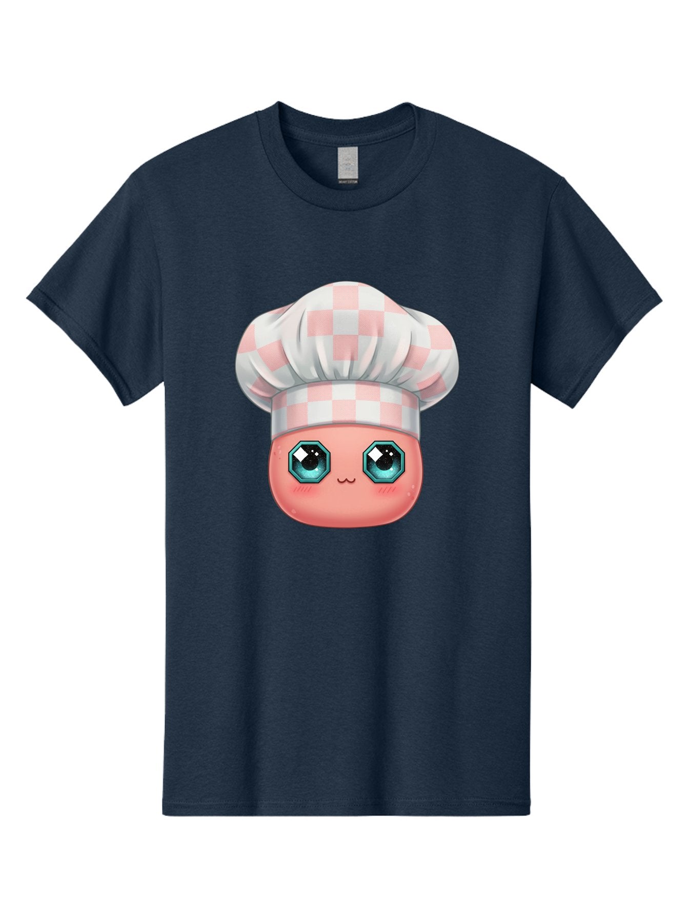 Chef-Gingham-Hat Men'S Graphic Tee, 100% Cotton, Comfortable Casual Summer Wear, Machine Washable, Cartoon Character, Chef Hat, Pink Checkered Pattern, Cute Face, Blue Eyes, Futuristic Look, Kawaii Style, Cooking, Baking, Foodie Culture, Bac827 9