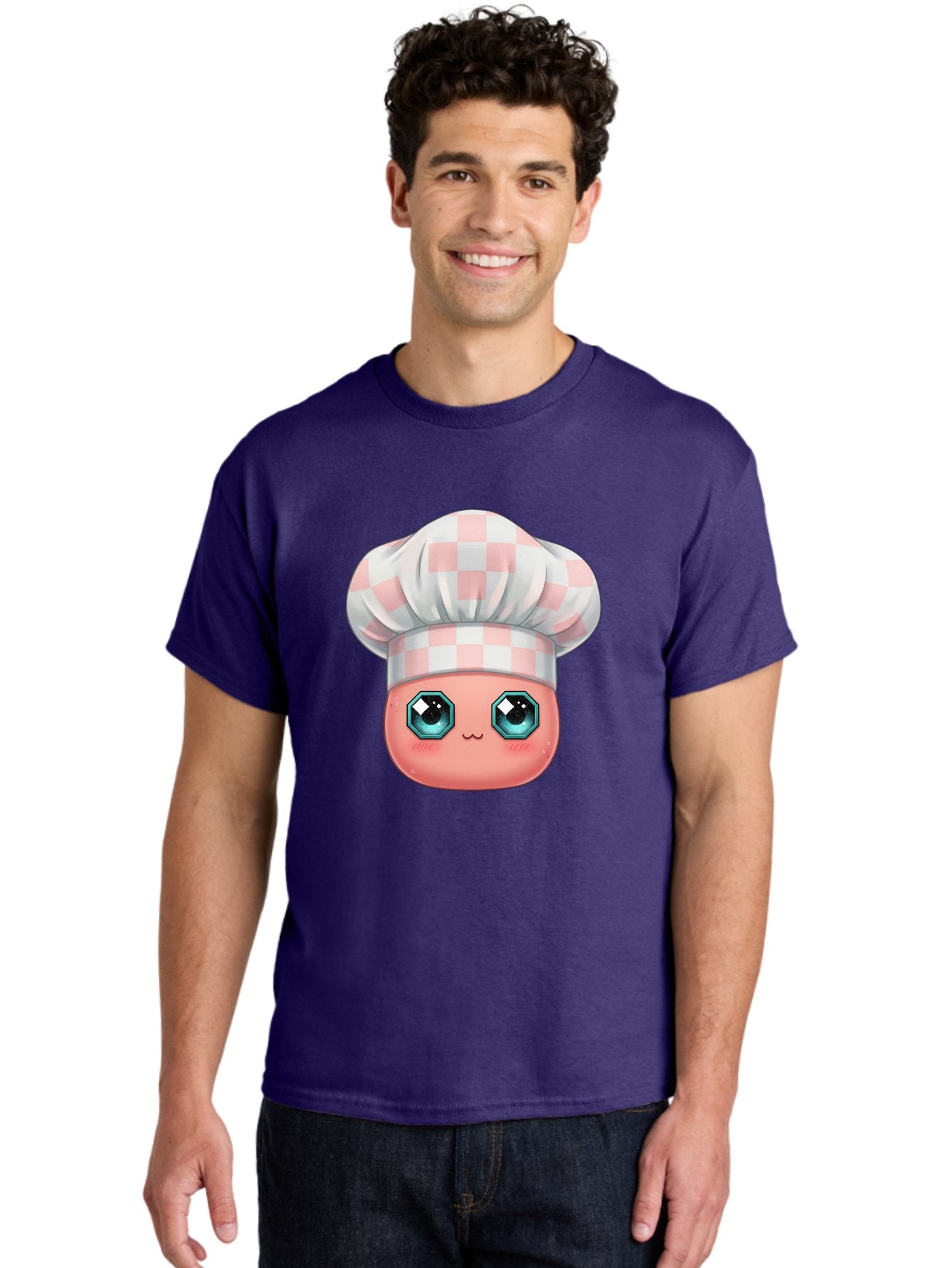 Chef-Gingham-Hat Men'S Graphic Tee, 100% Cotton, Comfortable Casual Summer Wear, Machine Washable, Cartoon Character, Chef Hat, Pink Checkered Pattern, Cute Face, Blue Eyes, Futuristic Look, Kawaii Style, Cooking, Baking, Foodie Culture, Bac827 25