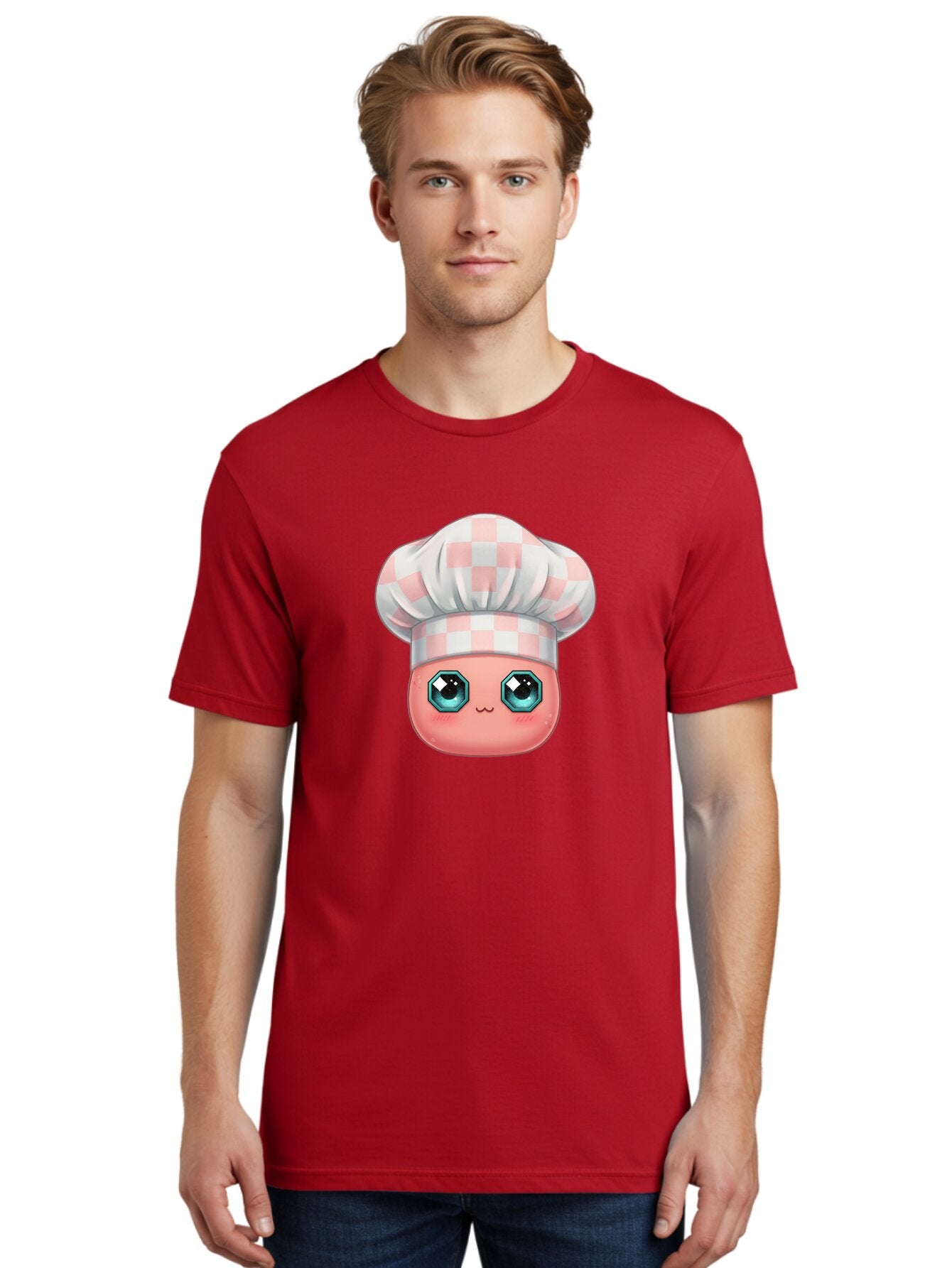 Chef-Gingham-Hat Men'S Graphic Tee, 100% Cotton, Comfortable Casual Summer Wear, Machine Washable, Cartoon Character, Chef Hat, Pink Checkered Pattern, Cute Face, Blue Eyes, Futuristic Look, Kawaii Style, Cooking, Baking, Foodie Culture, Bac827 29