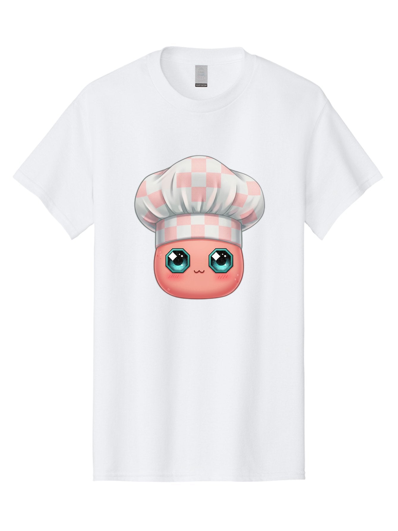 Chef-Gingham-Hat Men'S Graphic Tee, 100% Cotton, Comfortable Casual Summer Wear, Machine Washable, Cartoon Character, Chef Hat, Pink Checkered Pattern, Cute Face, Blue Eyes, Futuristic Look, Kawaii Style, Cooking, Baking, Foodie Culture, Bac827 7