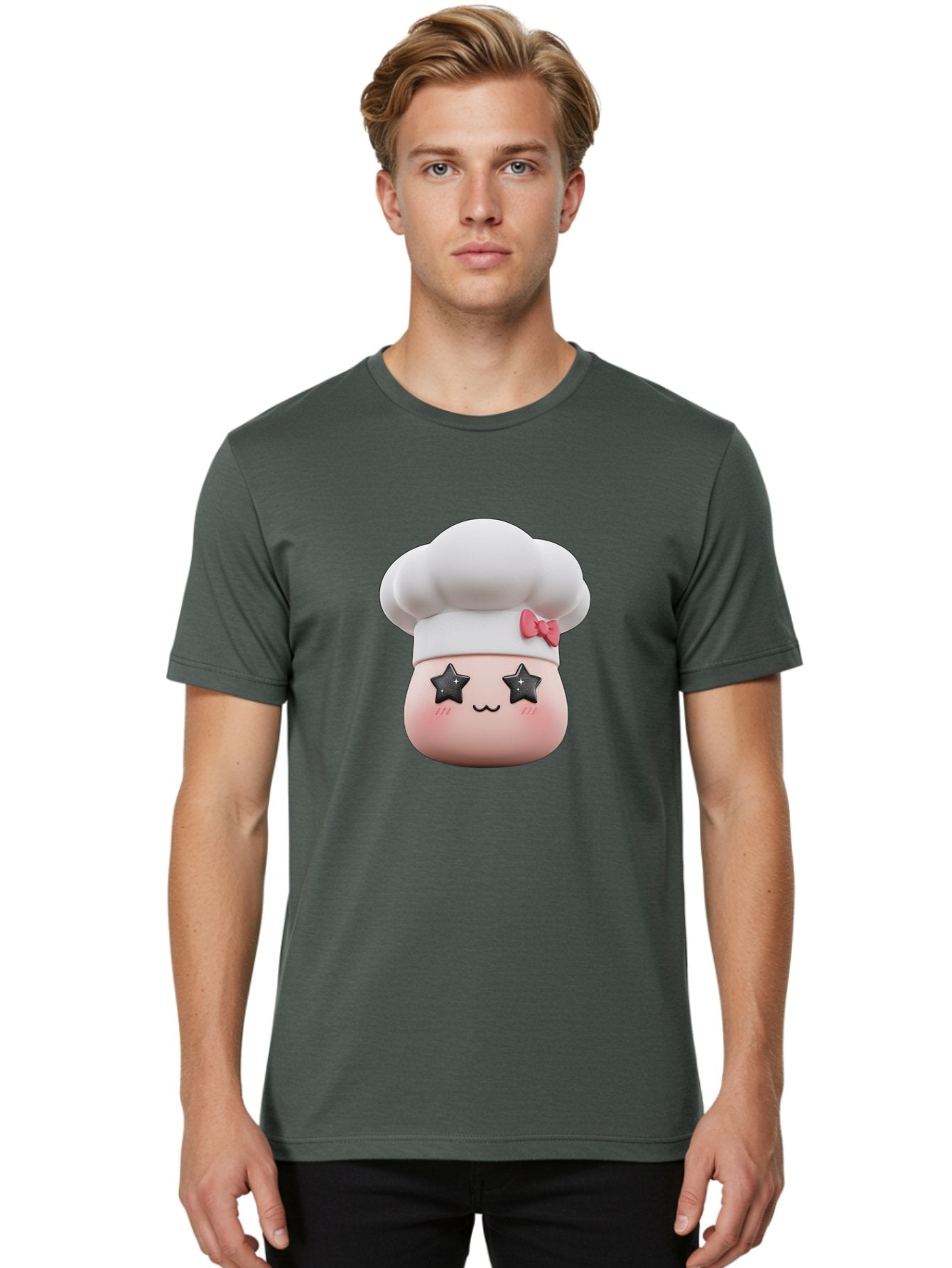 Chef-Hat-Character Men'S Graphic Tee, 100% Cotton, Comfortable Casual Summer Wear, Machine Washable, Cute Cartoon Chef, Cooking Character, Kawaii Foodie, Chef'S Hat, Pink Bow, Star Eyes, Smiling Face, Rosy Cheeks, Baking Illustration, Bac829 16