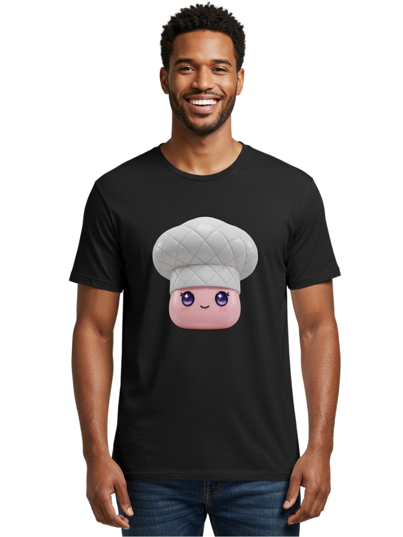 Chef-Hat-Face-1 Men'S Graphic Tee, 100% Cotton, Comfortable Casual Summer Wear, Machine Washable, Pink Face, Chef Hat, Cartoon Style, Purple Eyes, Eyelashes, Smiling Face, Cute Character, Cooking Theme, Culinary Art, Adorable Design, Bac831 17